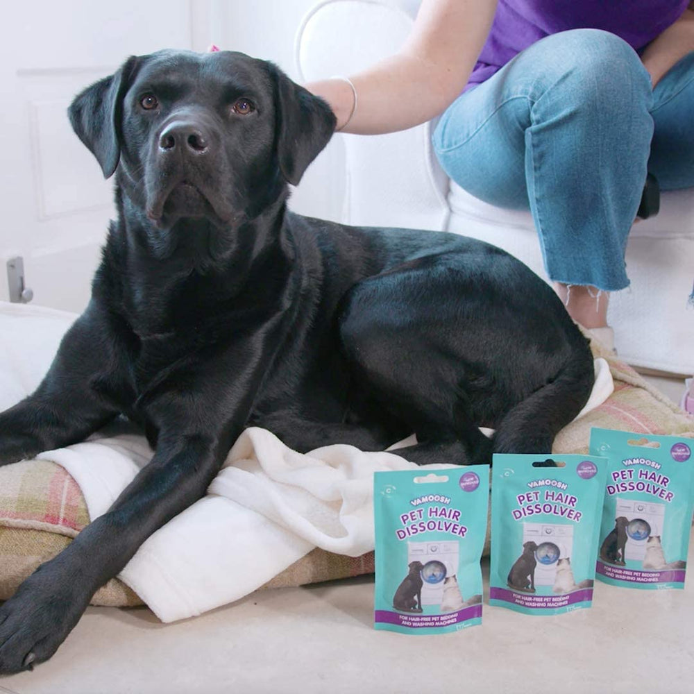 Vamoosh Pet Hair Dissolver easy-use steps graphic showing three-step process.
