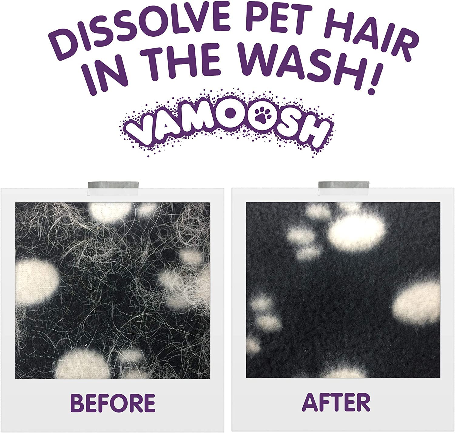 Vamoosh Pet Hair Dissolver hot wash 85-95c emphasizes temperature-driven performance.
