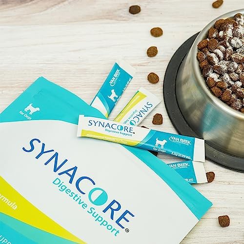 Van Beek Natural Science Synacore Canine ingredients highlight probiotics, prebiotics, and vitamins for digestion.