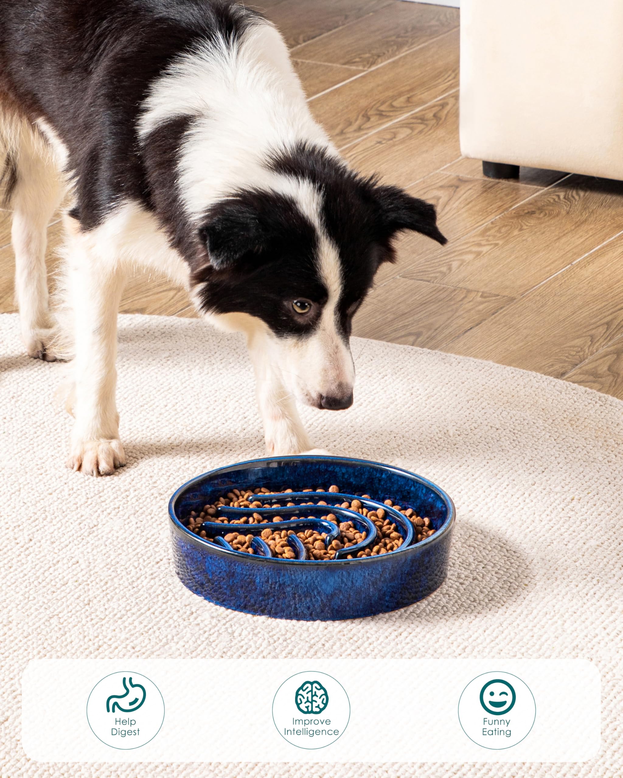Vancasso blue ceramic bowl is weighted to resist tipping during enthusiastic eating