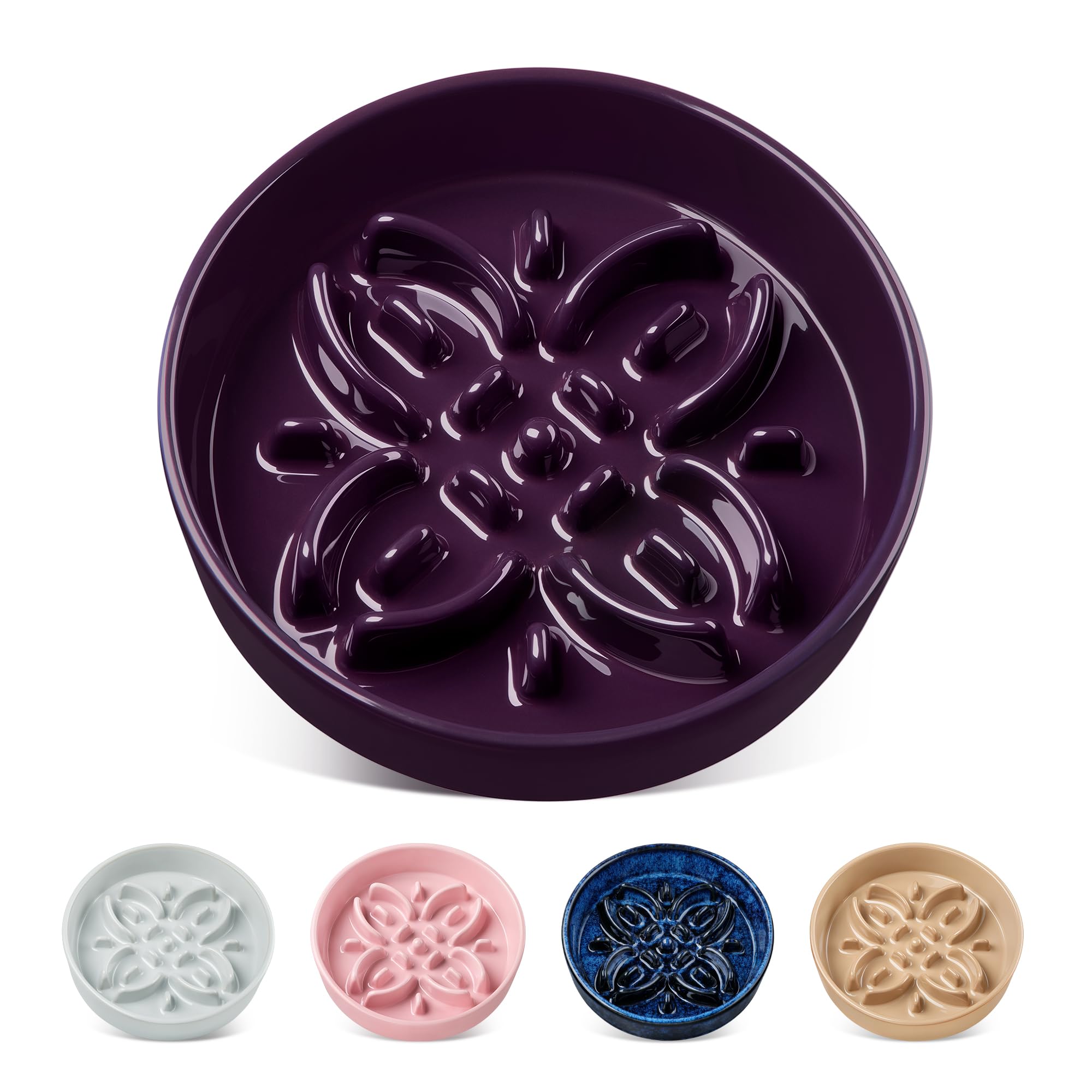 Vancasso ceramic slow-feeder bowl with floral maze in purple slows fast eaters safely.