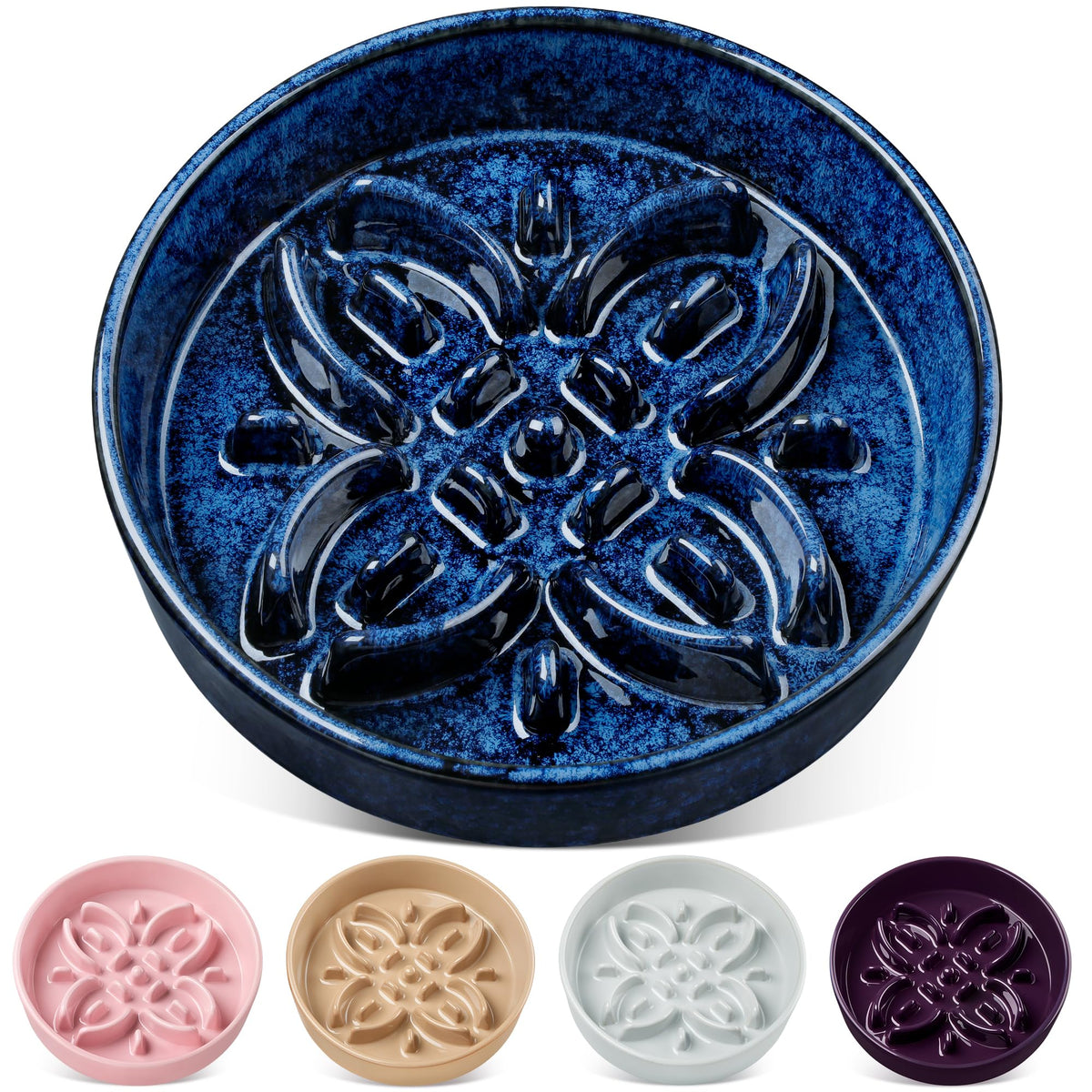 Vancasso ceramic slow-feeder dog bowl with floral maze slows meals up to 10x, blue.