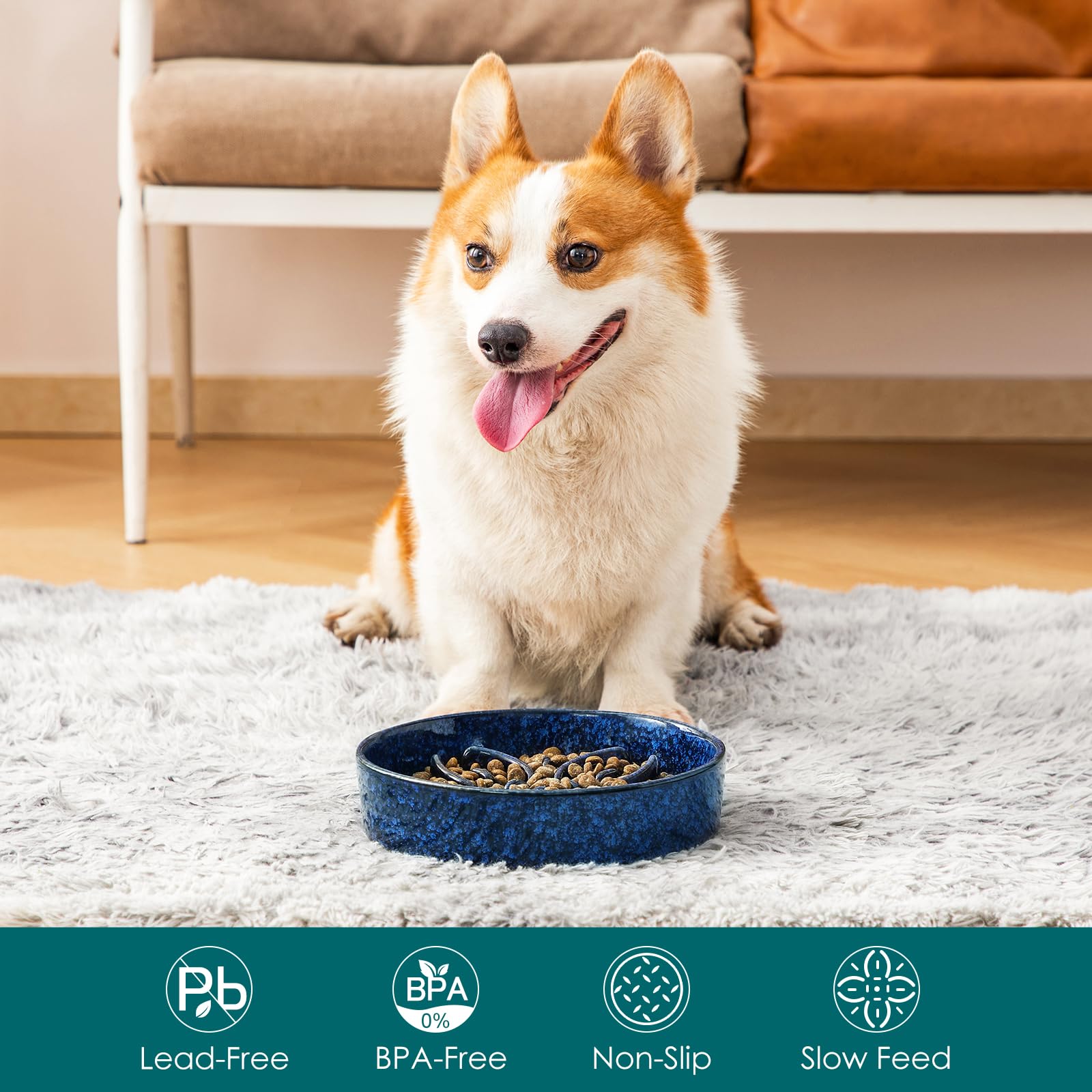 Vancasso anti-slip base keeps the blue ceramic bowl stable during meals.