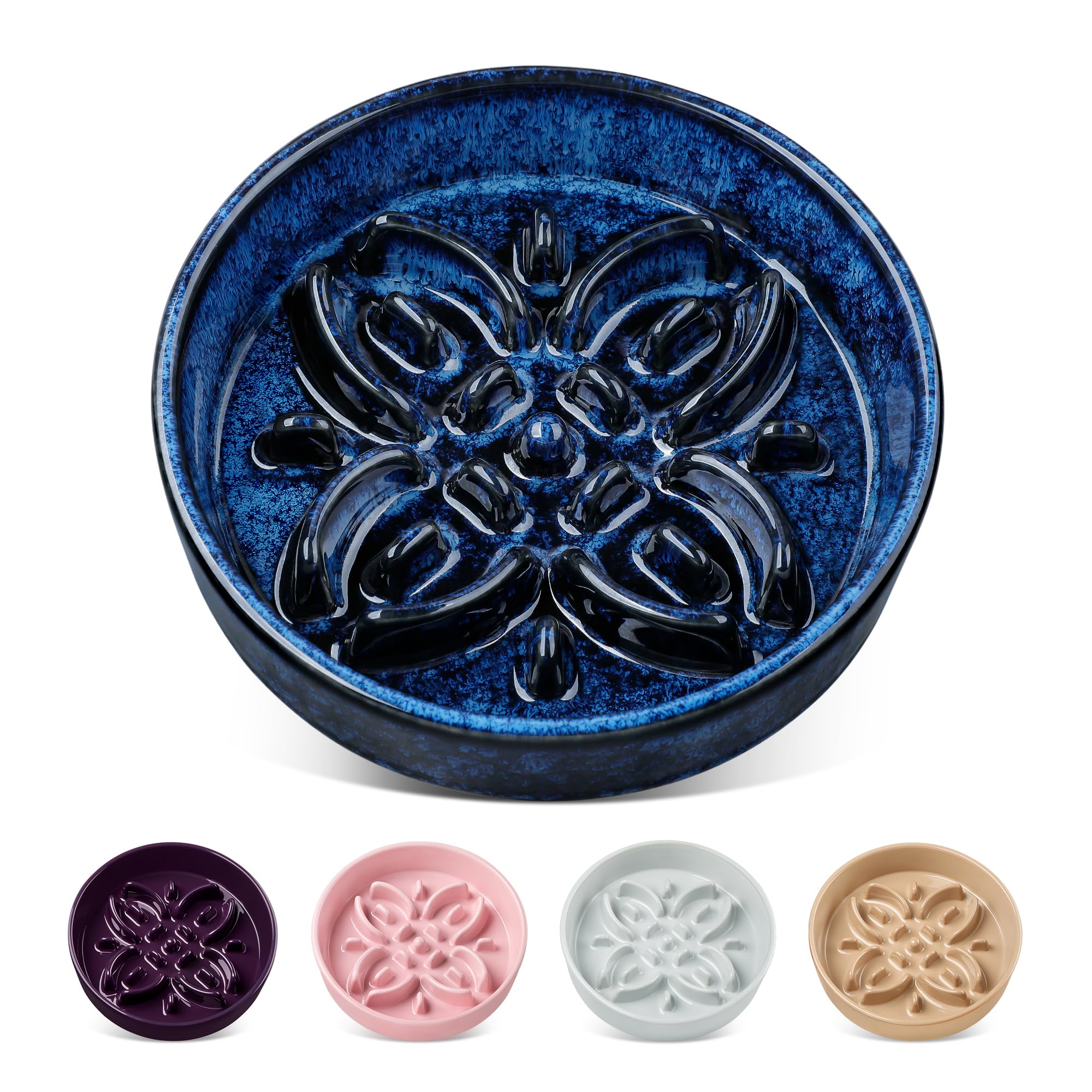 Vancasso floral maze blue slow-feeder bowl aids calmer meals for small dogs.