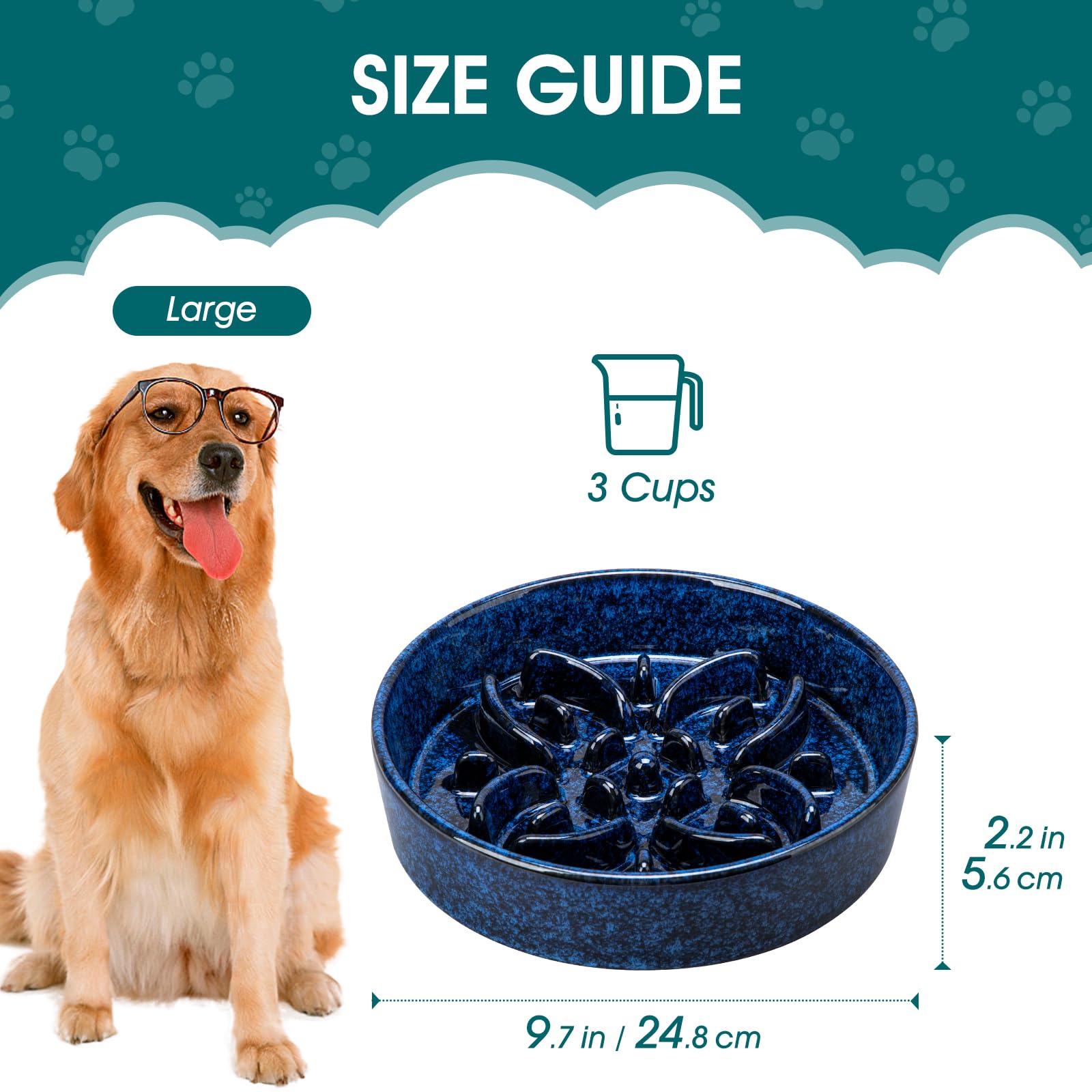 Vancasso floral-pattern blue dog bowl for slow feeding.