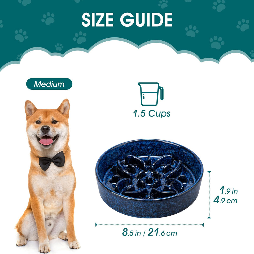 Vancasso floral-pattern dog bowl with raised center supports mindful eating in blue.