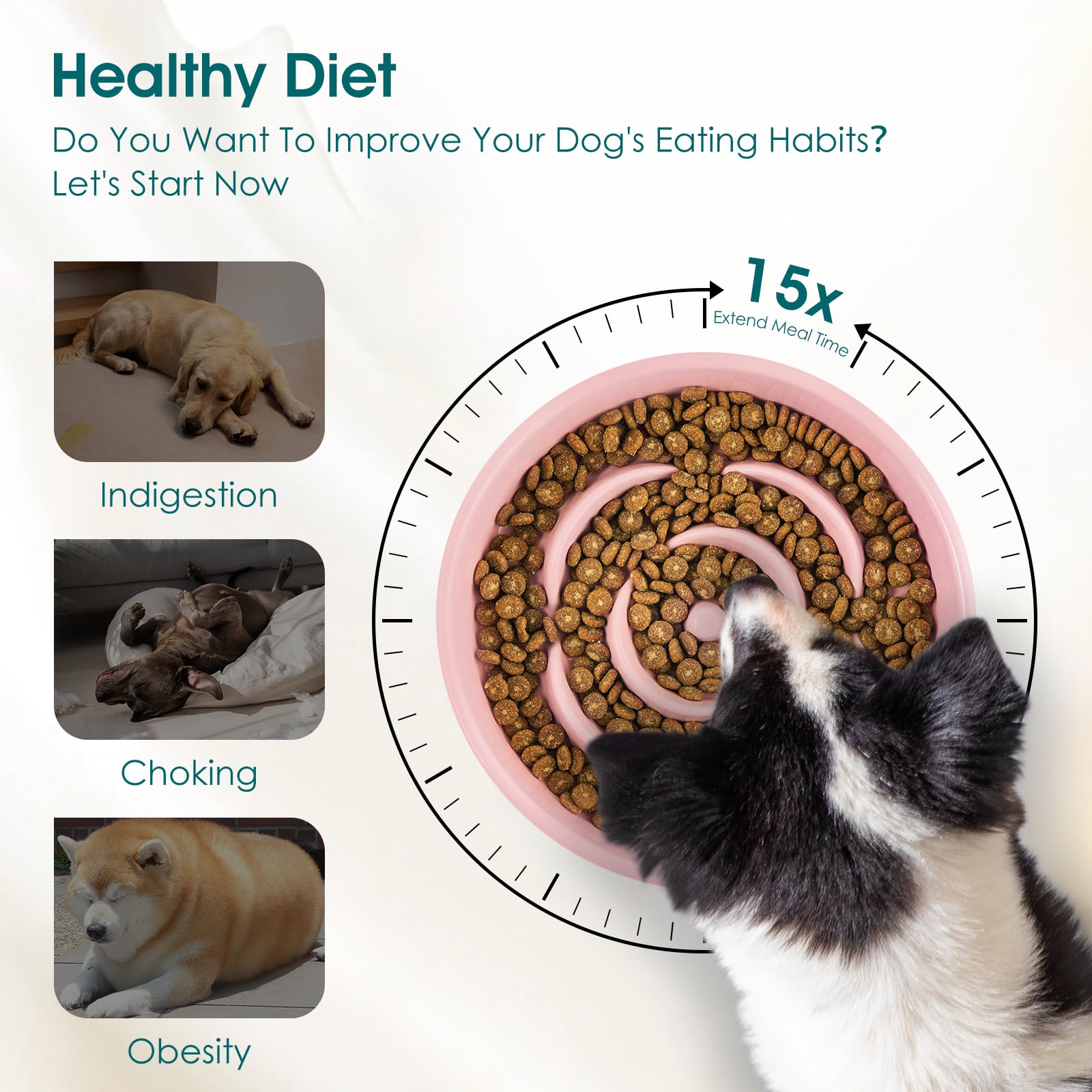 Vancasso slow feeder bowl diameter measure illustrates 9.75-inch size for large pets