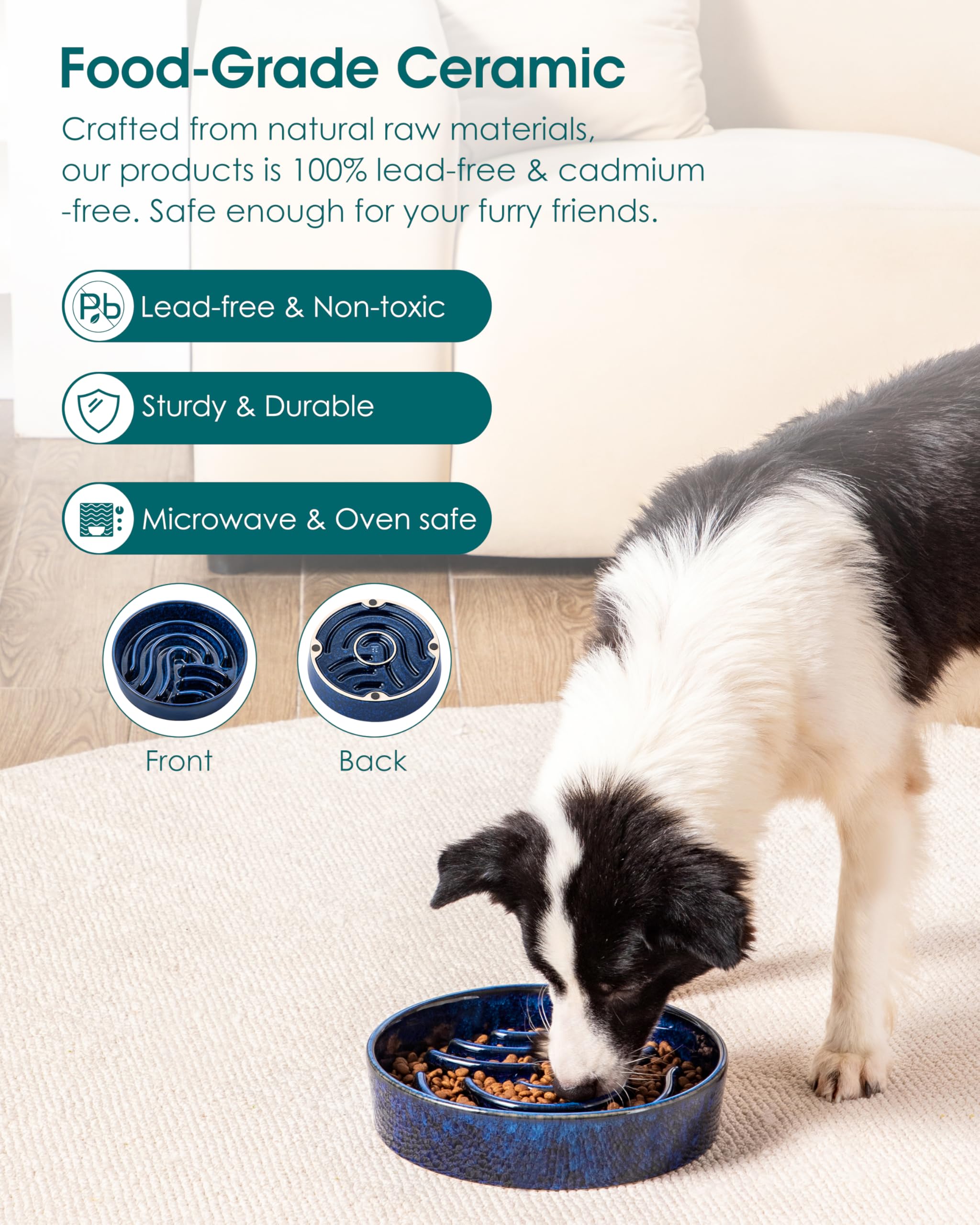 Vancasso slow feeder ceramic base blue image showcases non-slip pads for stability