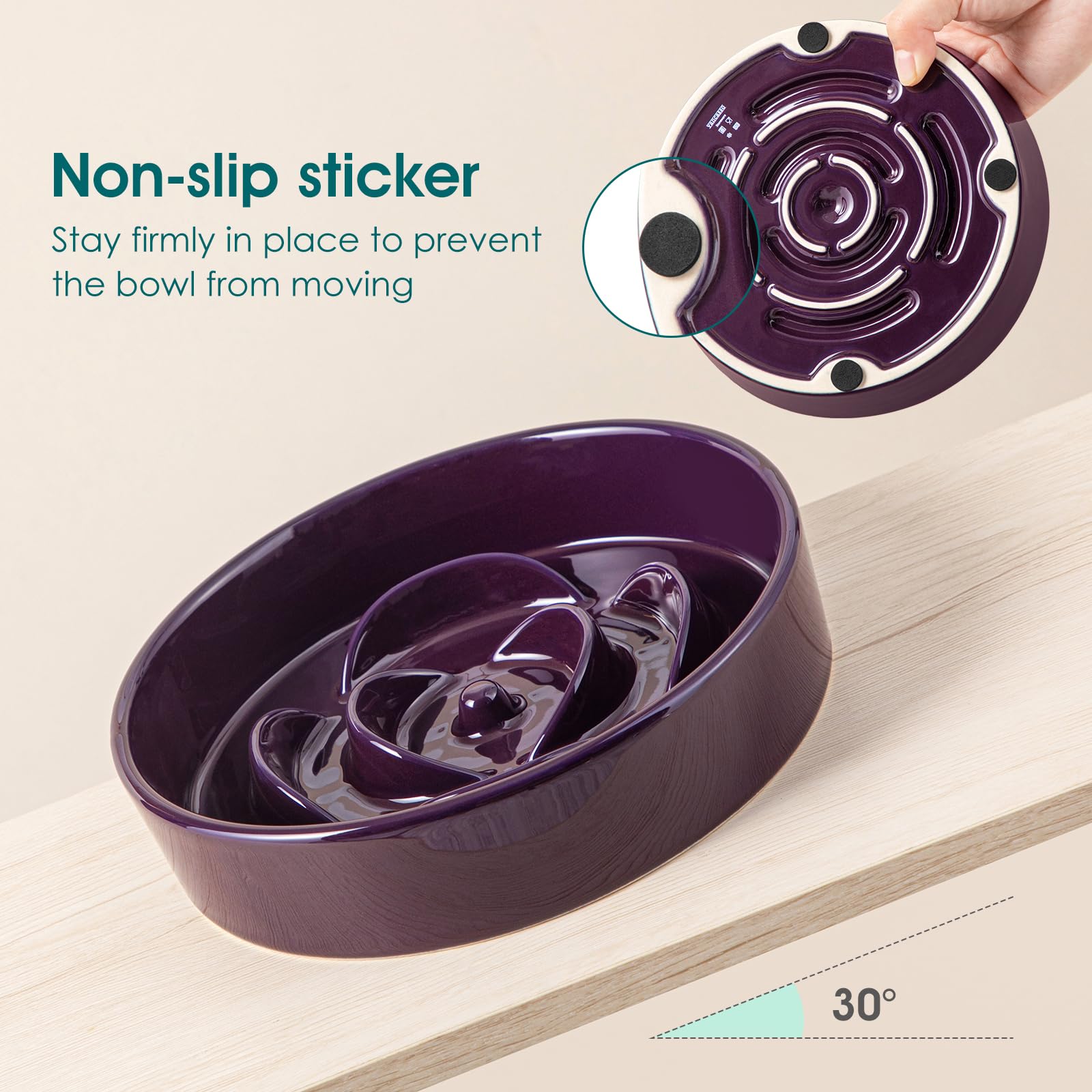 Vancasso slow feeder-dish-base non-slip base prevents spills during feeding.