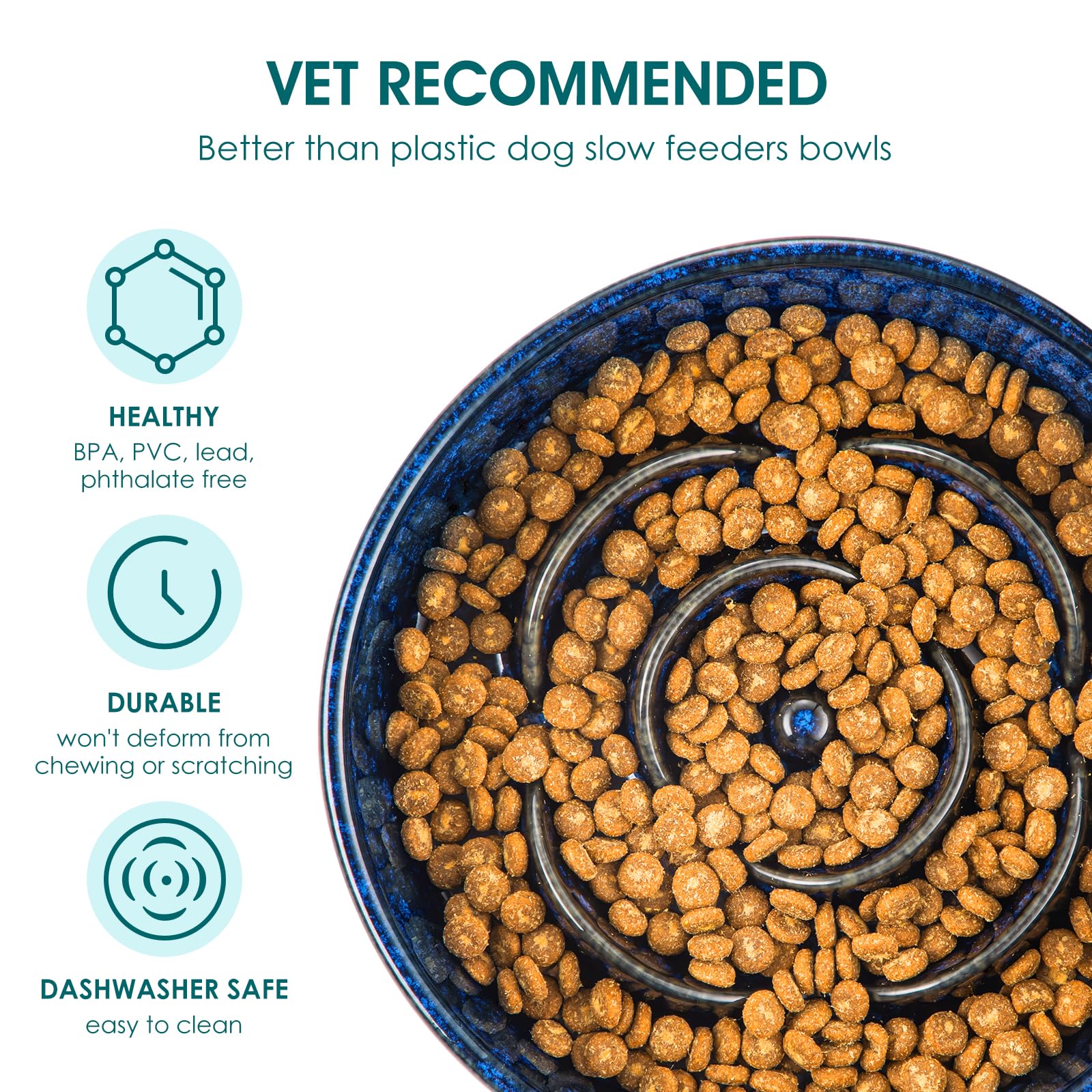 vancasso slow feeder dog bowl blue ceramic material closeup highlights non-toxic surface