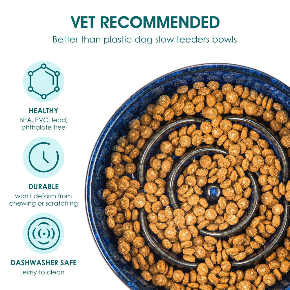 vancasso slow feeder dog bowl blue ceramic material closeup highlights non-toxic surface