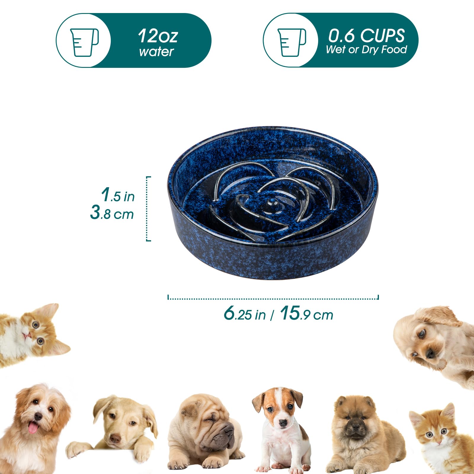 Vancasso slow feeder ceramic bowl blue close-up shows non-porous surface for easy cleaning