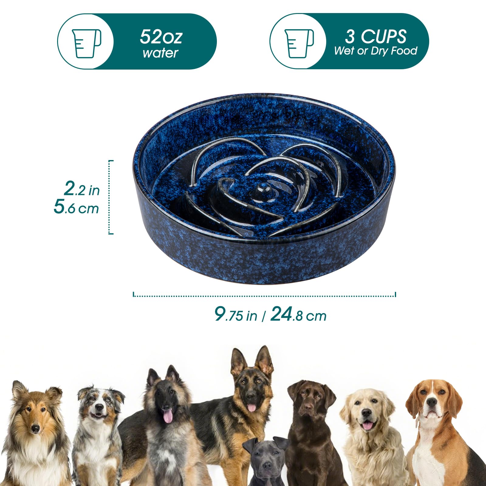 vancasso slow feeder dog bowl blue top view shows 3-cup capacity for meals