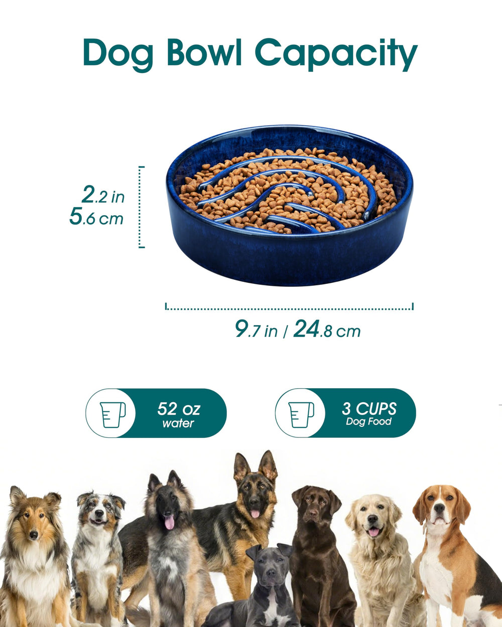 Vancasso slow feeder dog bowl blue top view highlights maze design that slows meals