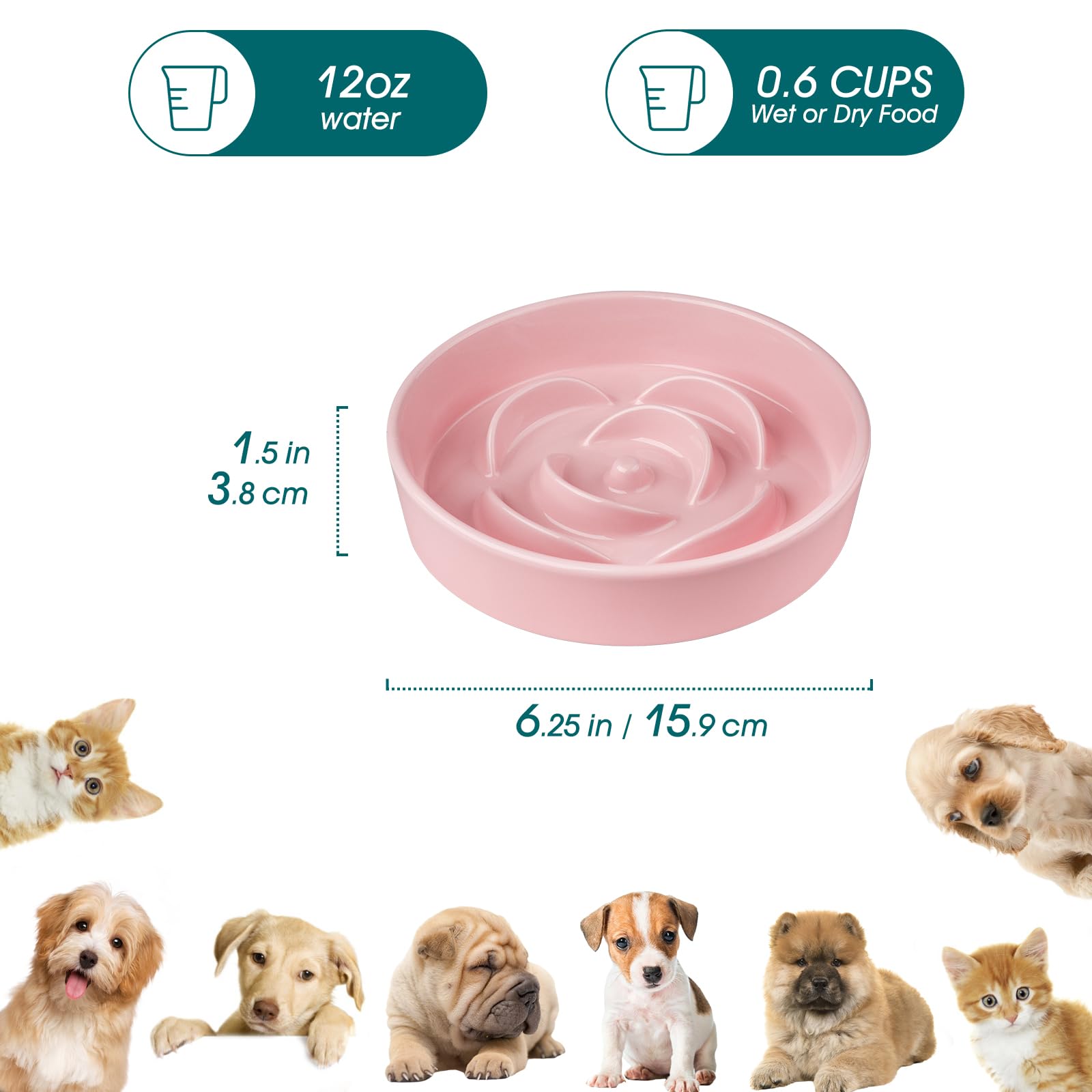 Vancasso pink ceramic slow feeder bowl shows compact 6.25 inch diameter for tiny pets.