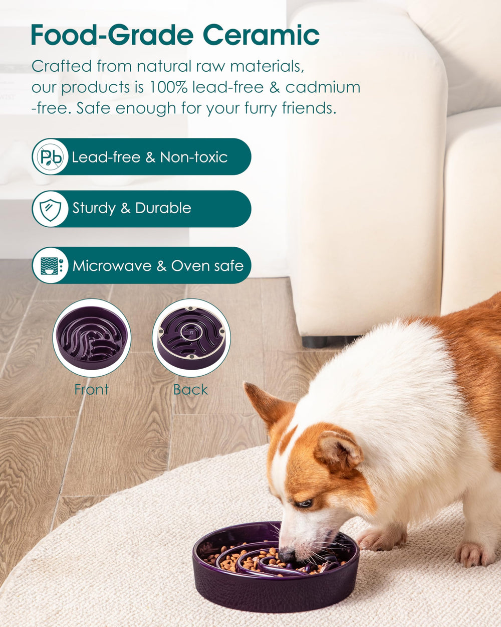 Vancasso slow feeder dog bowl dark purple with dog eating, showcasing slowed meal design