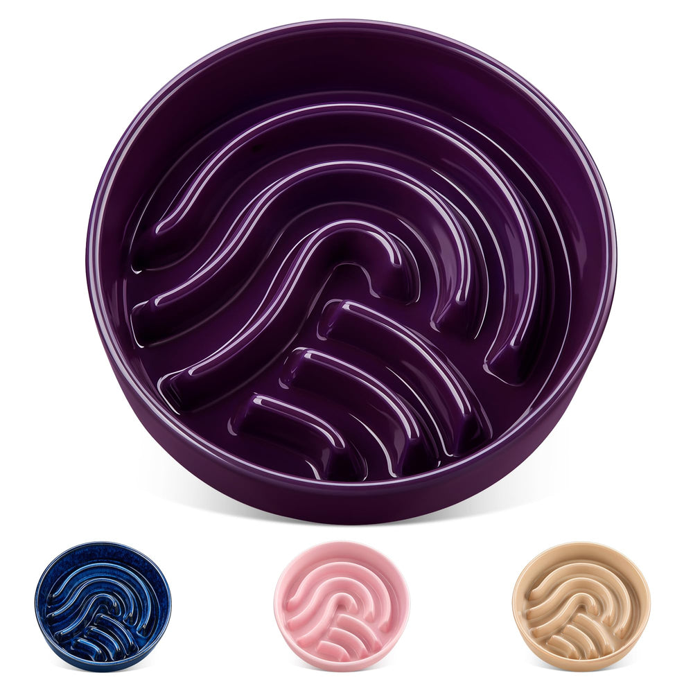 Vancasso slow feeder dog bowl dark purple front view shows maze design to slow feeding