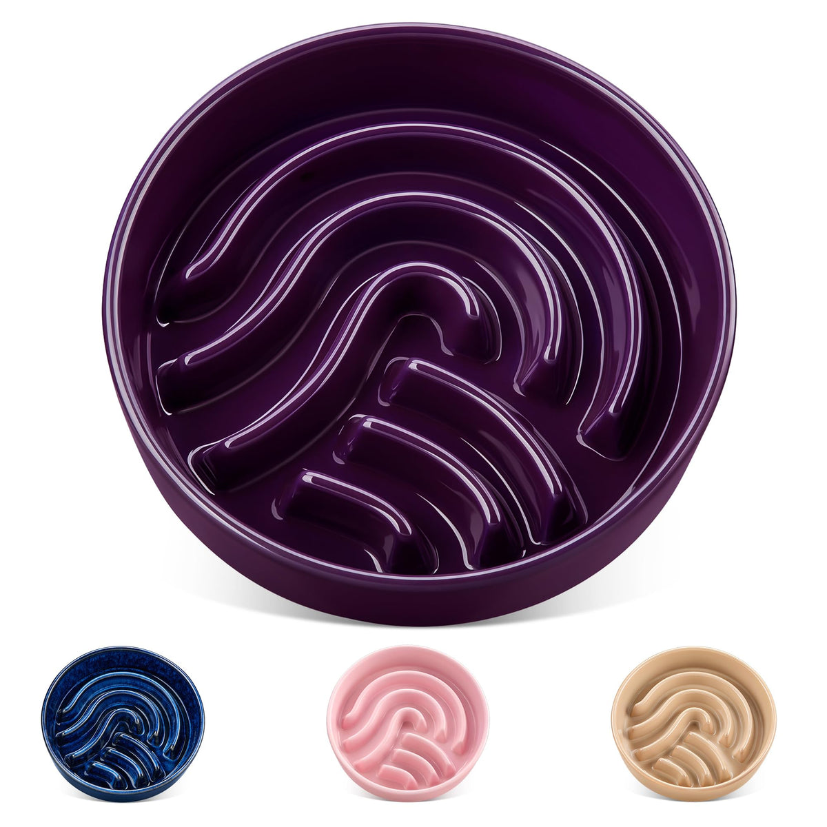 Vancasso slow feeder dog bowl dark purple front view shows maze design to slow feeding