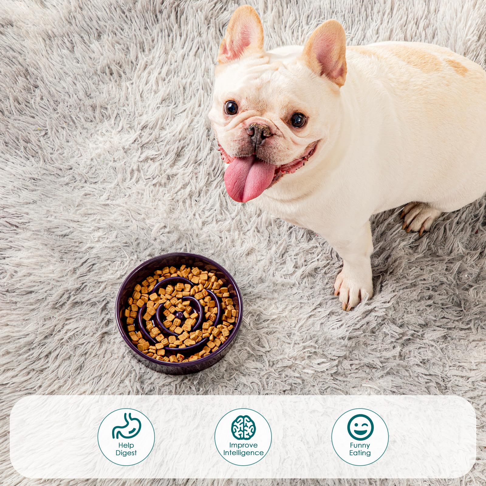 Vancasso slow feeder dog bowl dog-eating-scene demonstrates slower meals for safer pacing.