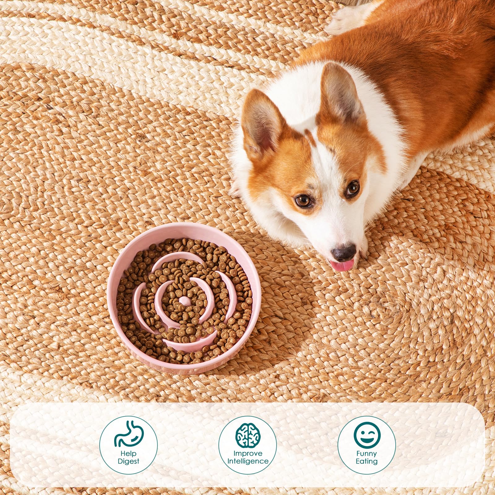 Vancasso slow feeder dog bowl pink non-slip-bottom image demonstrates stability and spill-free dining.