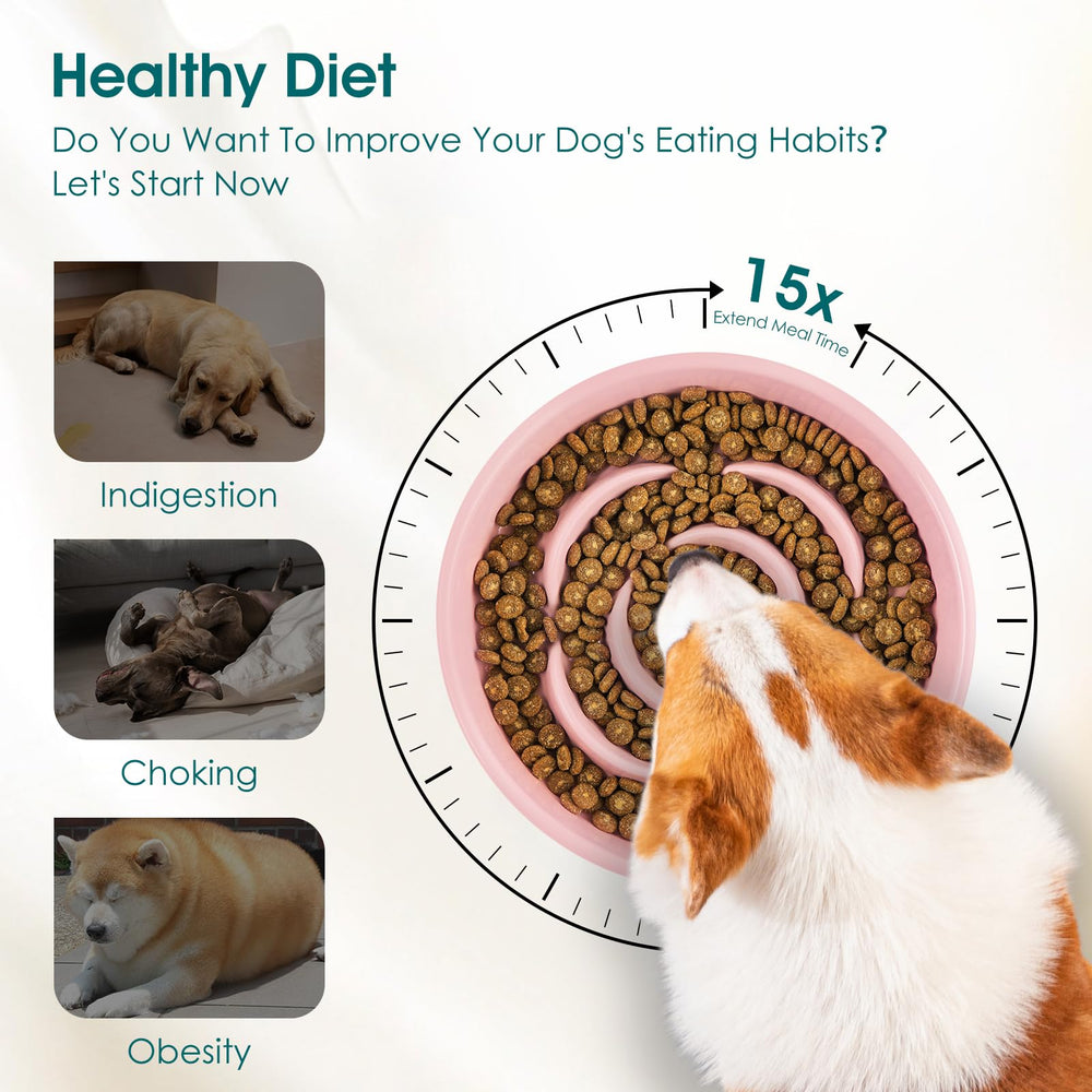 Vancasso slow feeder dog bowl pink dog-eating view stresses calmer meals and portion control.