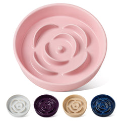 Vancasso slow feeder dog bowl pink front view highlights ceramic craft and slower eating benefits.