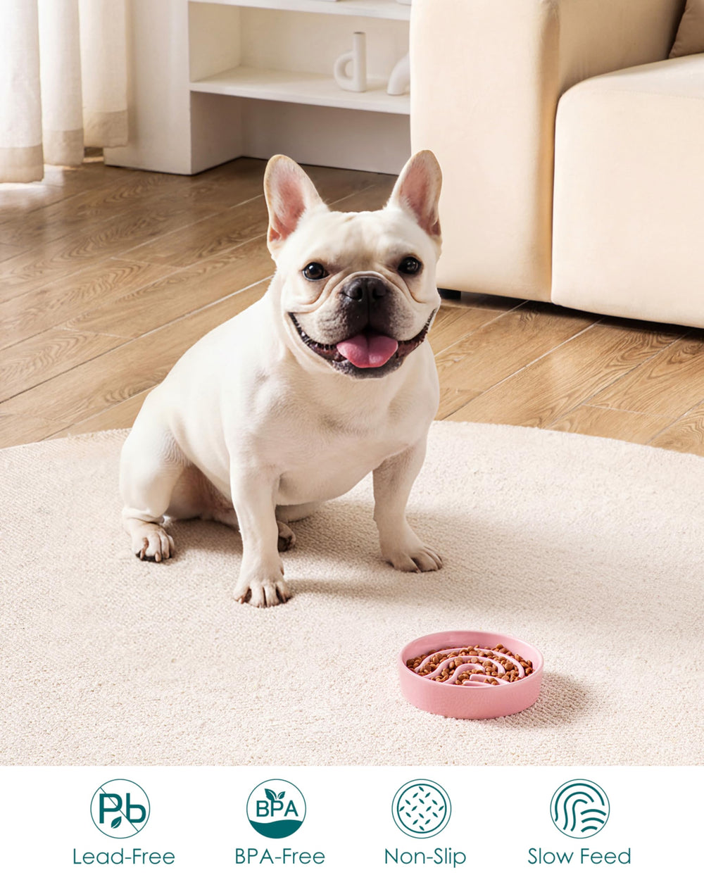Vancasso slow feeder dog bowl pink non slip pads prevent spills.