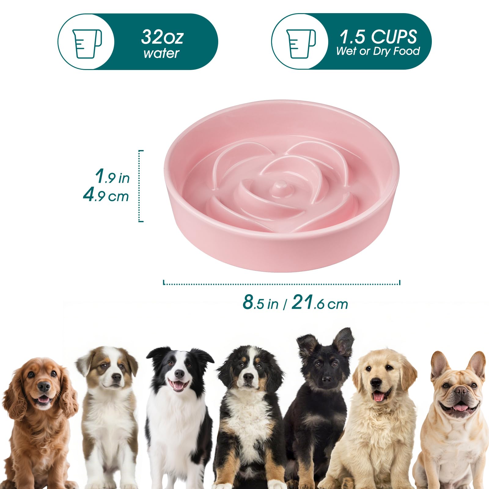 Vancasso slow feeder dog bowl pink ridges closeup emphasizes chew-safe ceramic interior.