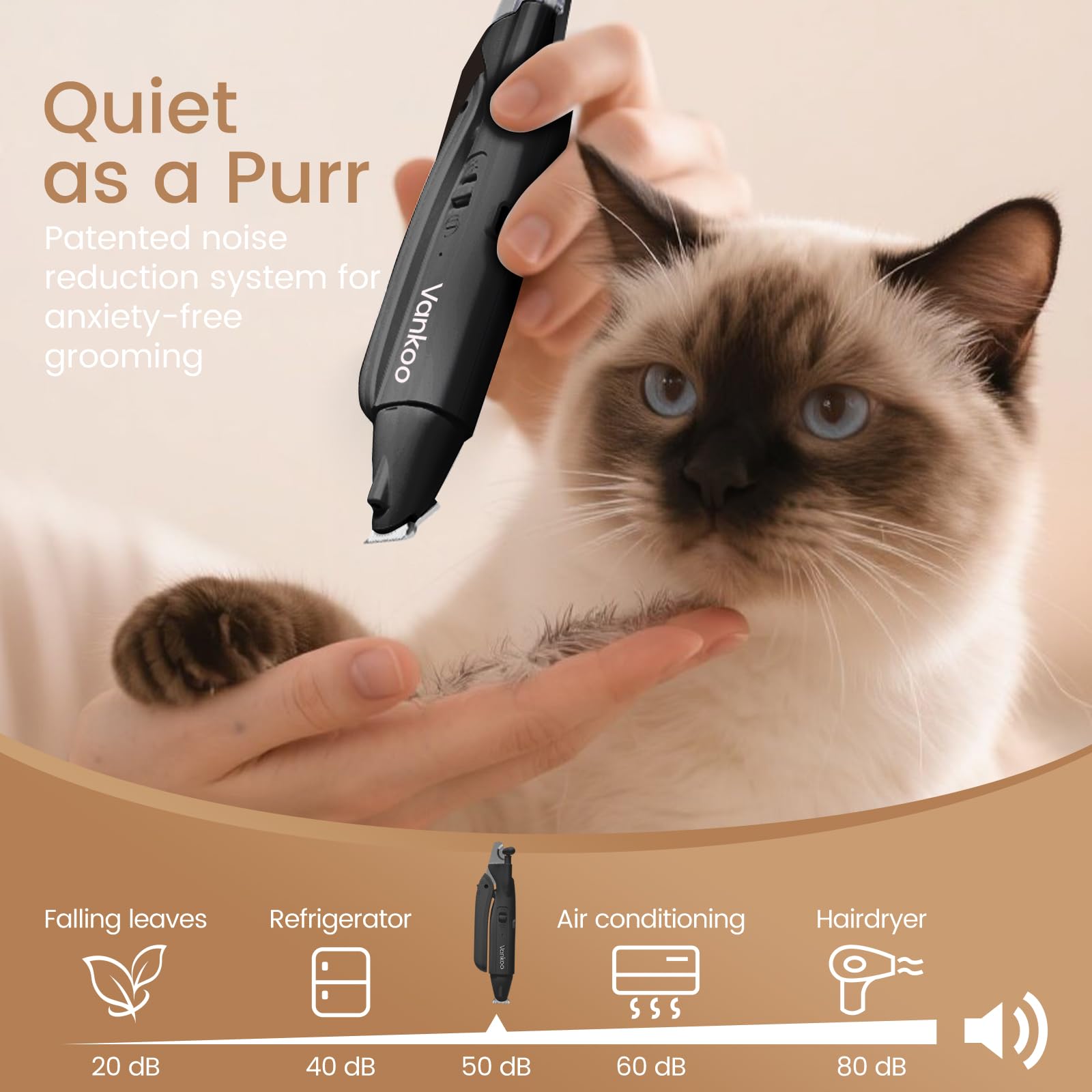 Vankoo low-noise operation keeps pets calm during nail and fur trimming.