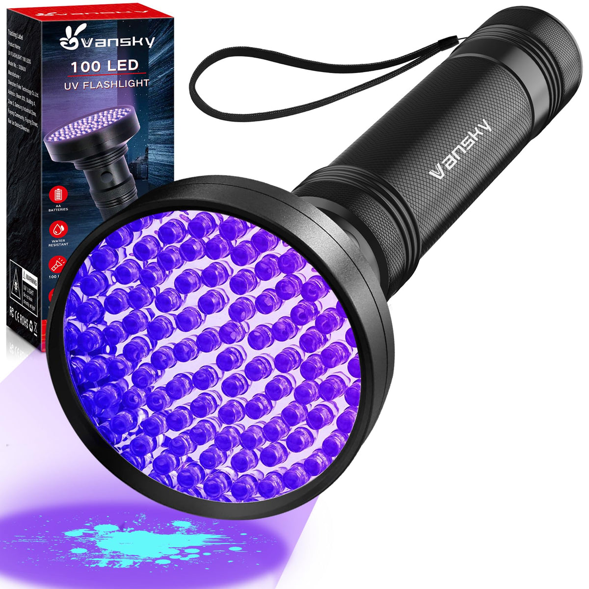 Vansky UV flashlight 100-led 395nm highlights hidden stains for quick cleaning.