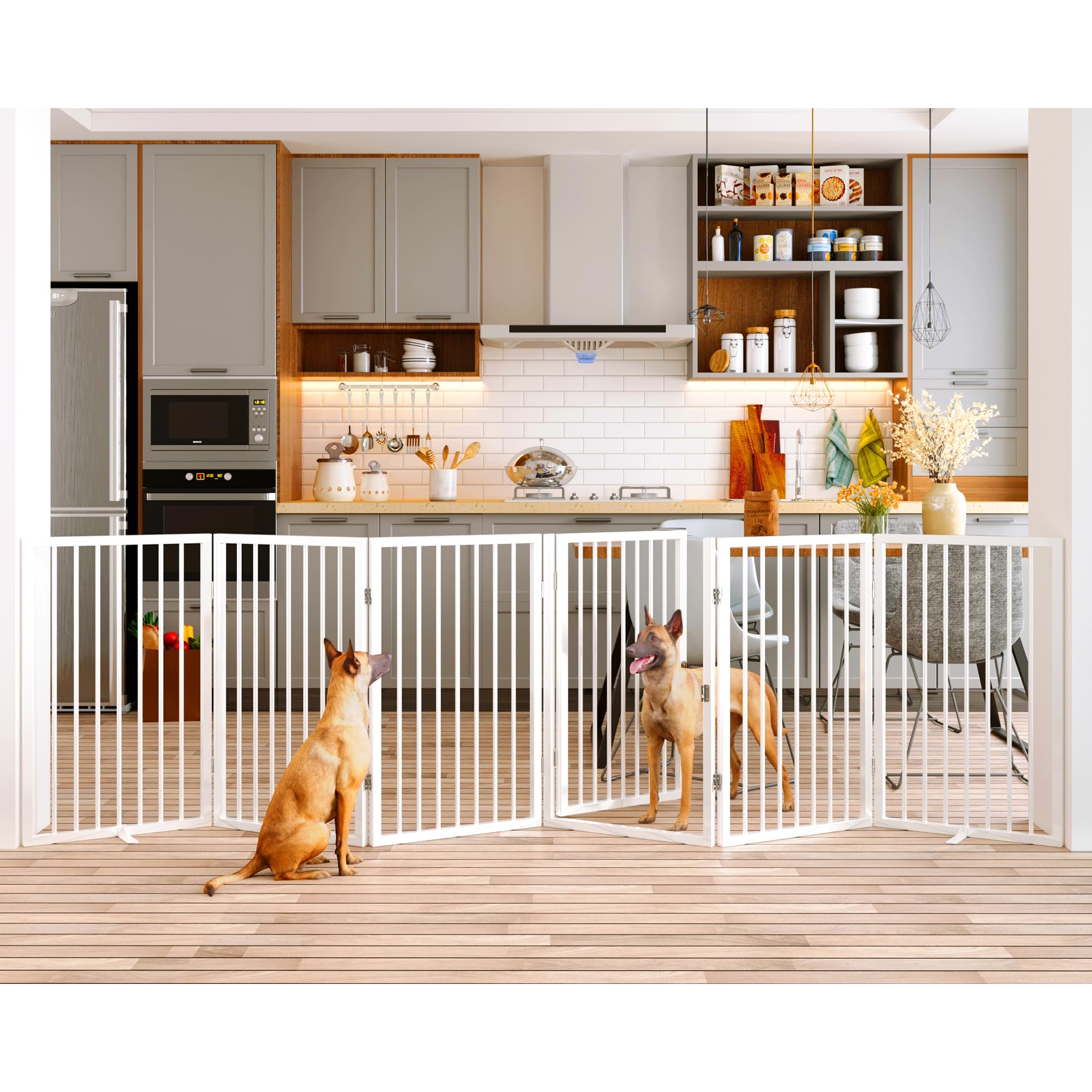 Vantas folding pet gate shows 120W x 32H dimensions for wide containment