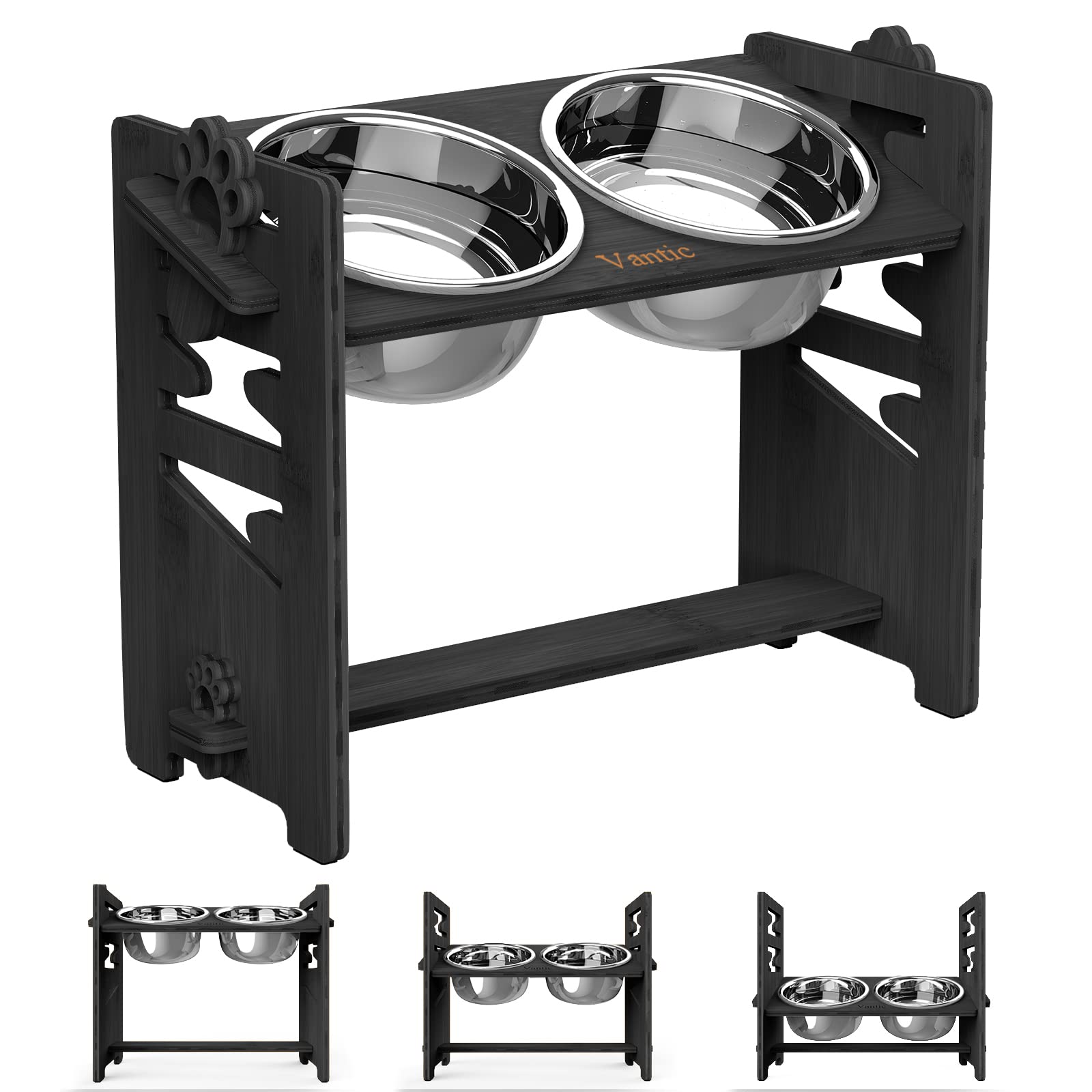 Vantic elevated dog bowls tool-free assembly with a durable bamboo frame.