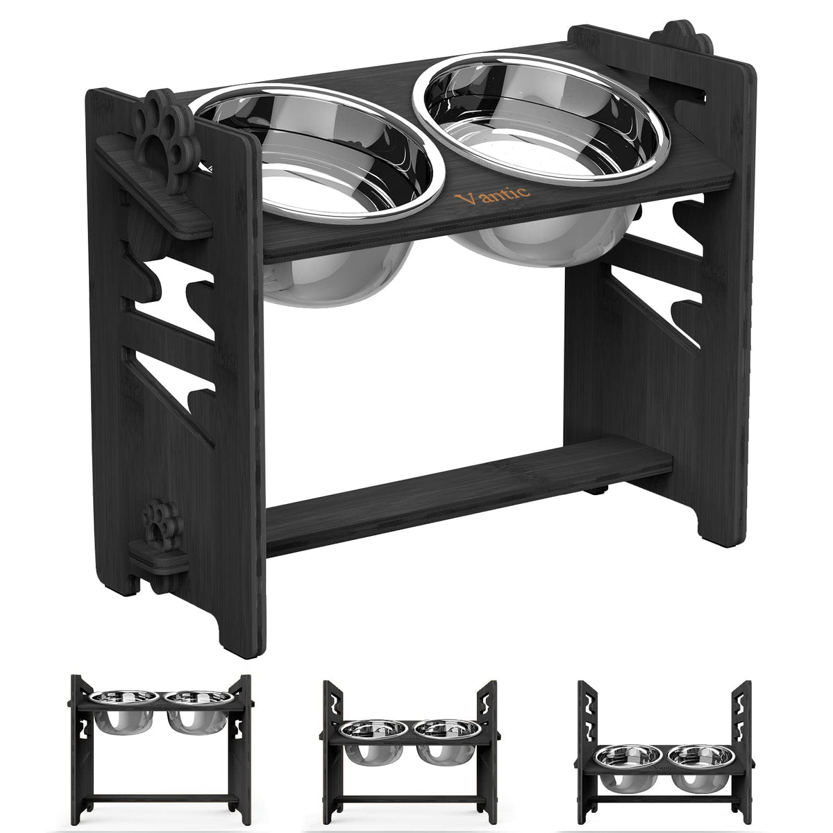 Vantic elevated dog bowls tool-free assembly with a durable bamboo frame.