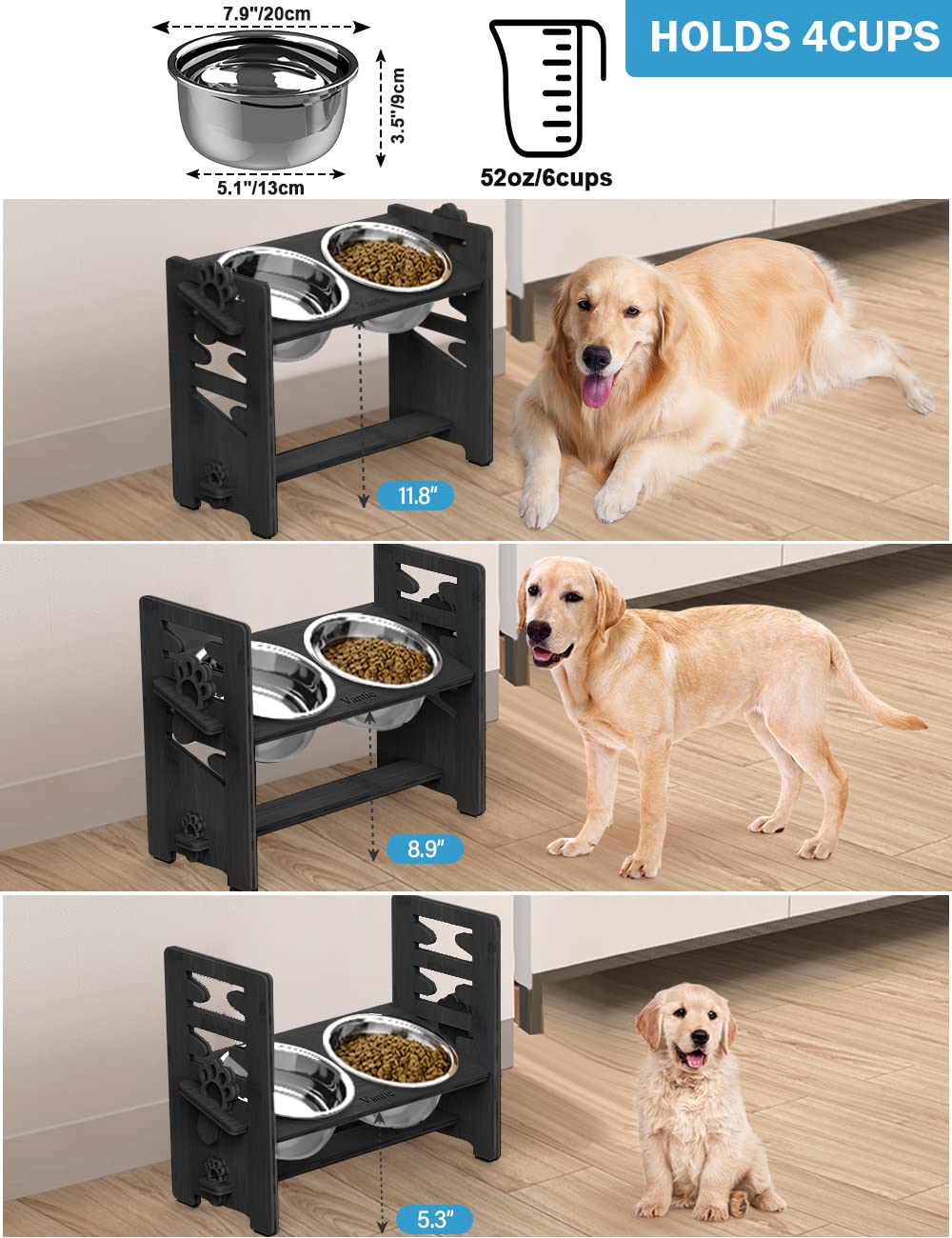 Vantic raised stand at maximum height supports growing large dogs.