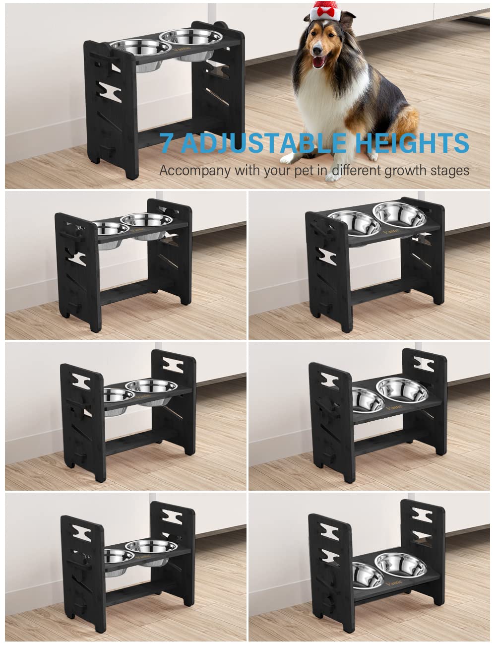 Vantic height-adjustable stand with multiple levels supports growing pets.