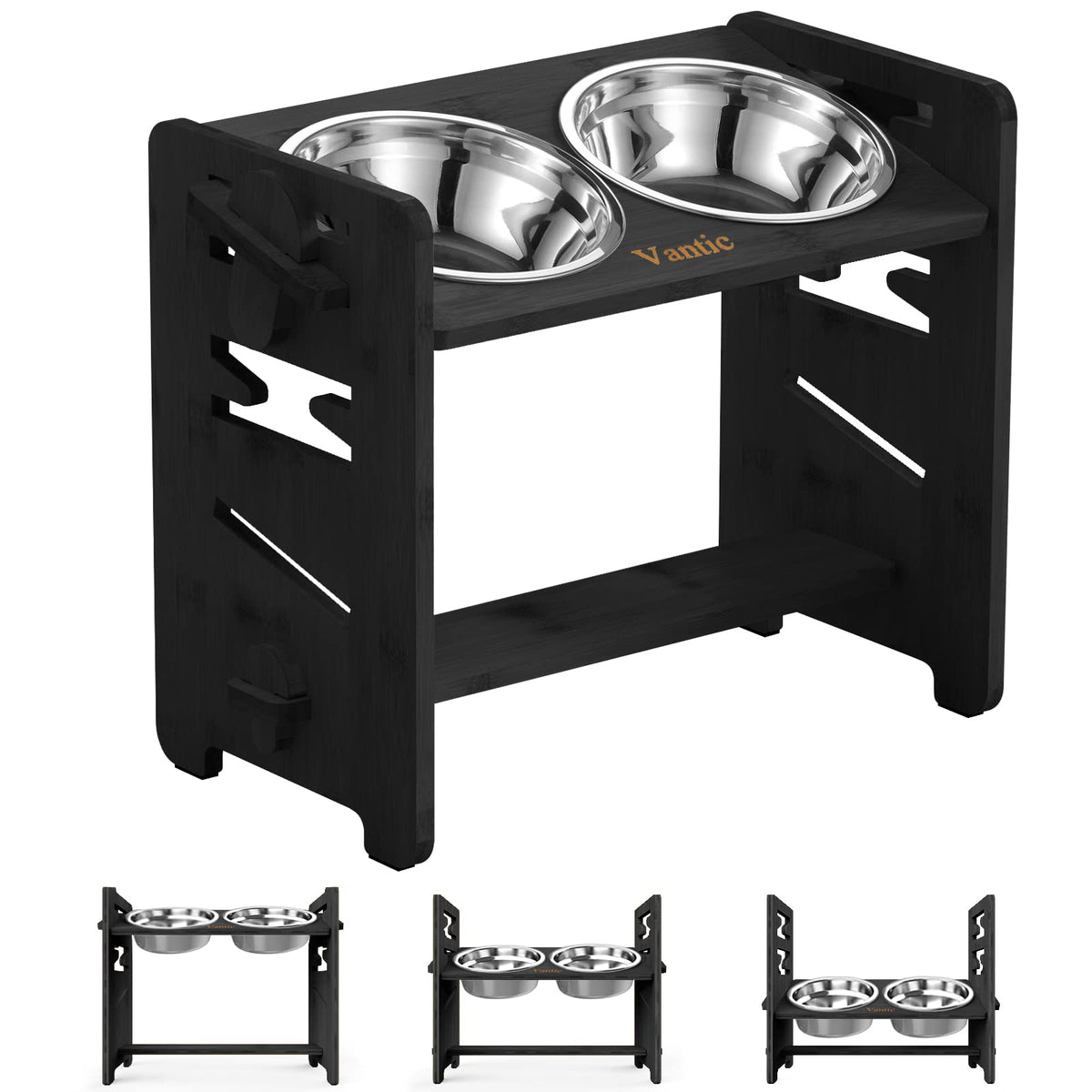 Vantic elevated dog bowls stand assembled, highlighting a sturdy frame for medium-sized pets.
