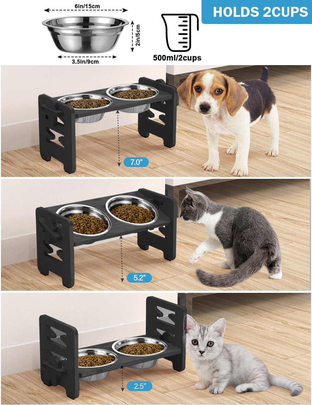 Vantic Elevated Dog Bowls front view with dog highlighting neck-friendly setup
