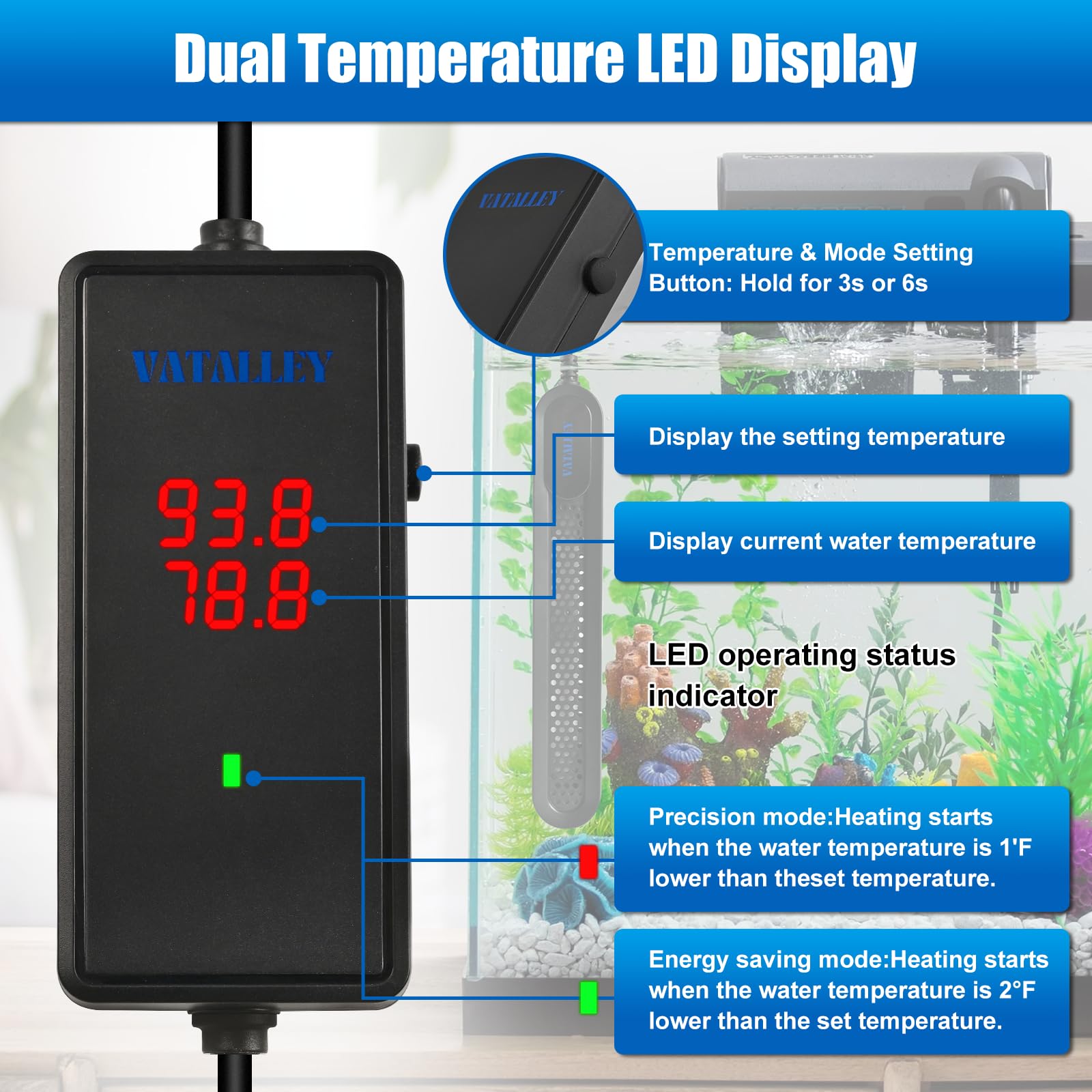 Vatalley heater showing safety protections such as overheat and off-water shutoff