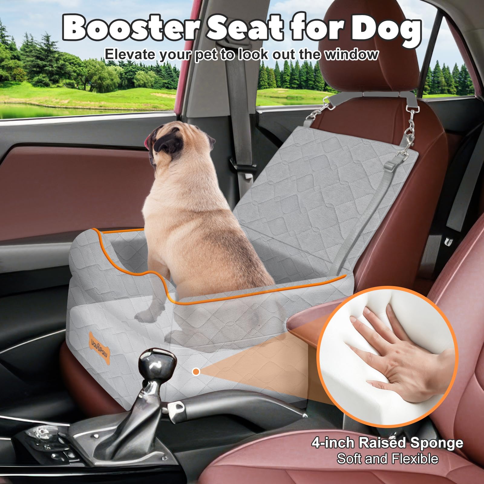VavoPaw Small Dog Car Seat side view highlights thick cushion and elevated view.