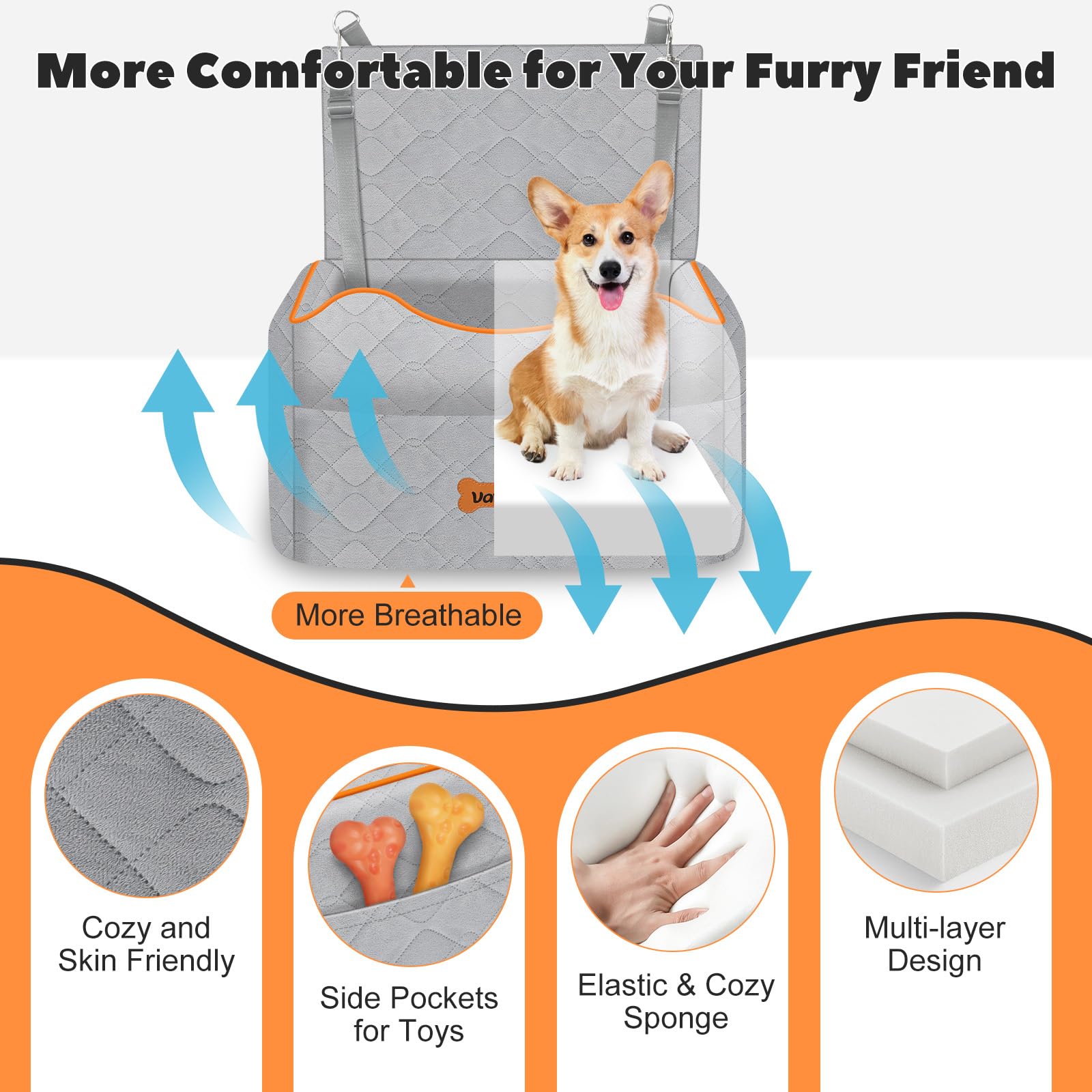 VavoPaw Small Dog Car Seat thick cushion for enhanced pet comfort on trips.