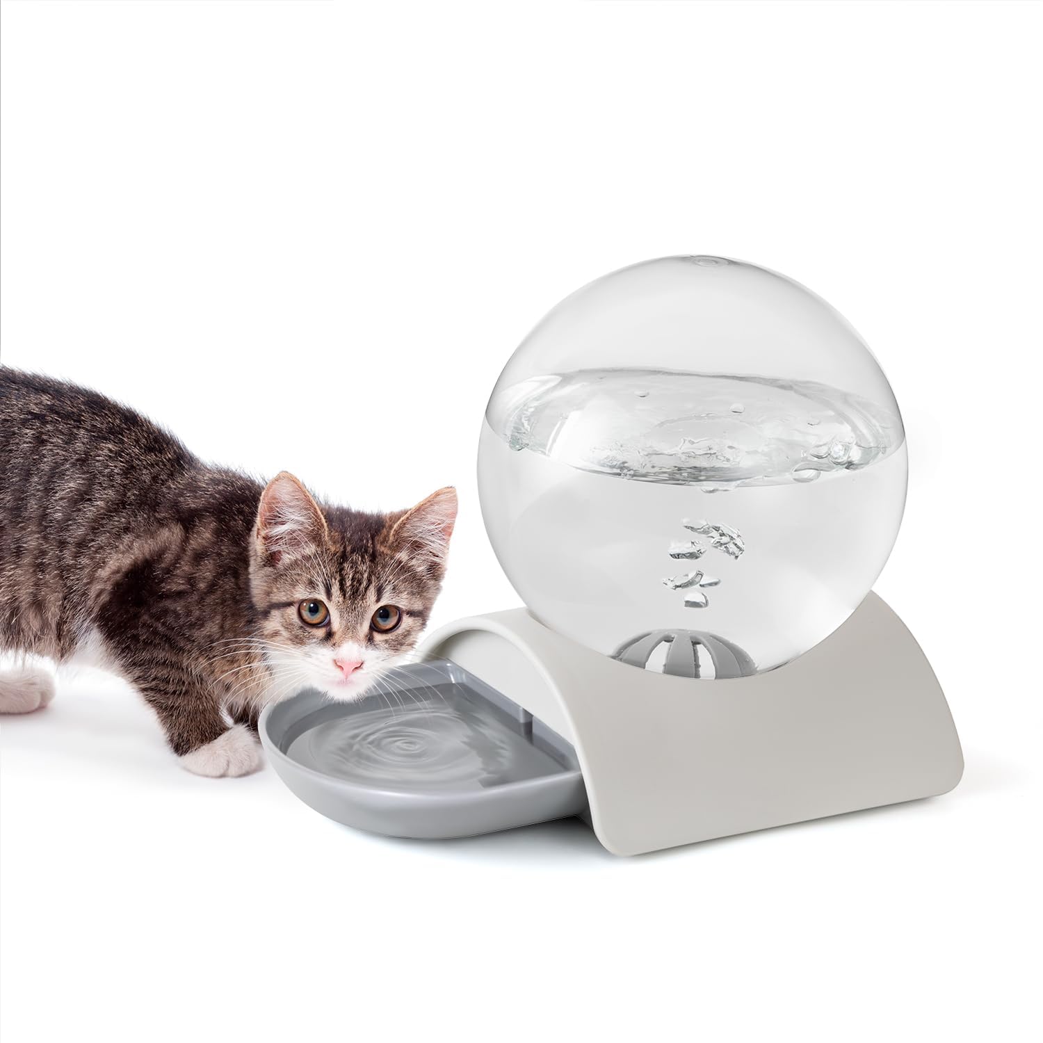 Vayugo Pet Water Dispenser with spherical waterer bubble promotes calm drinking.