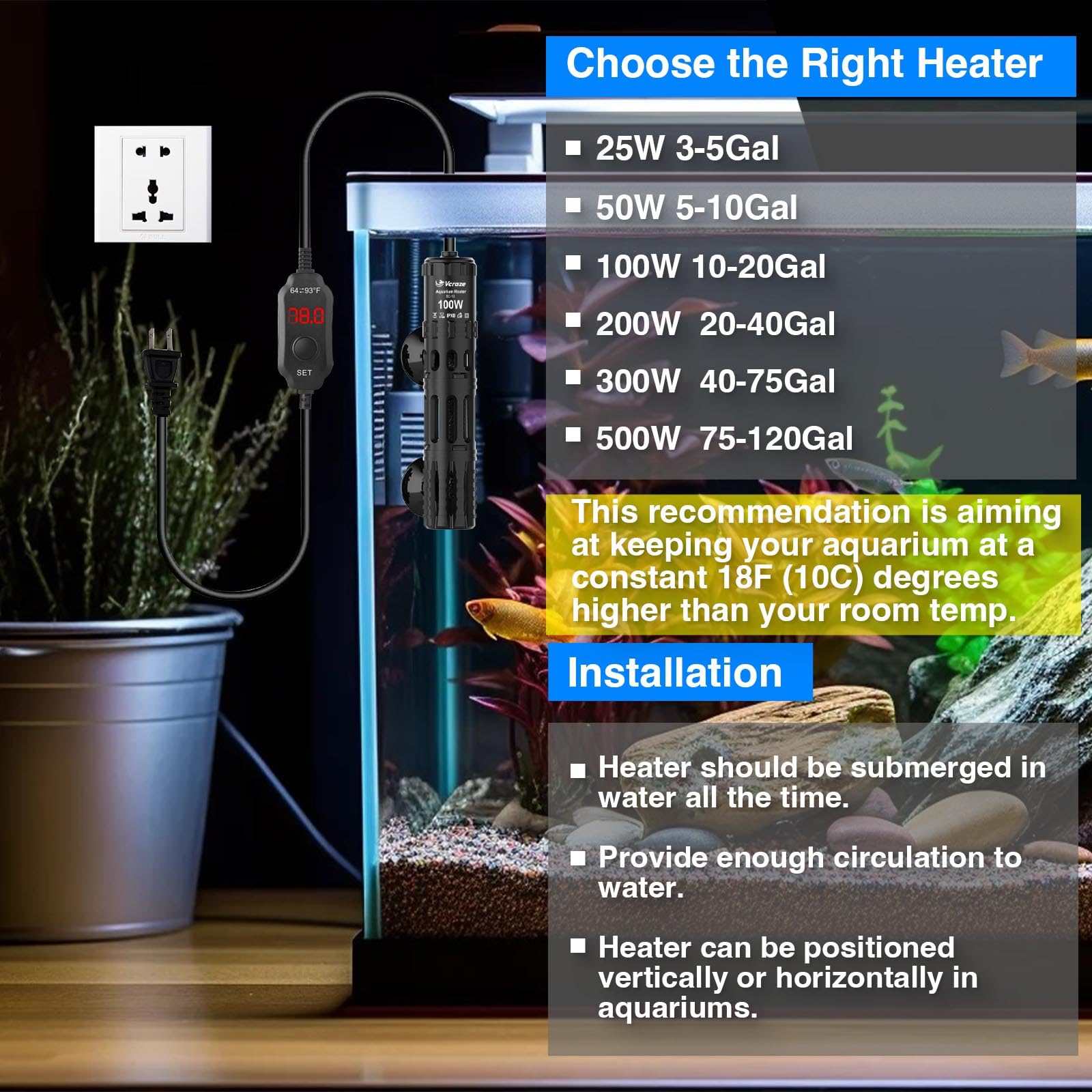VCRAZE versatile heater suitable for freshwater, saltwater, turtles, fountains, and plant care