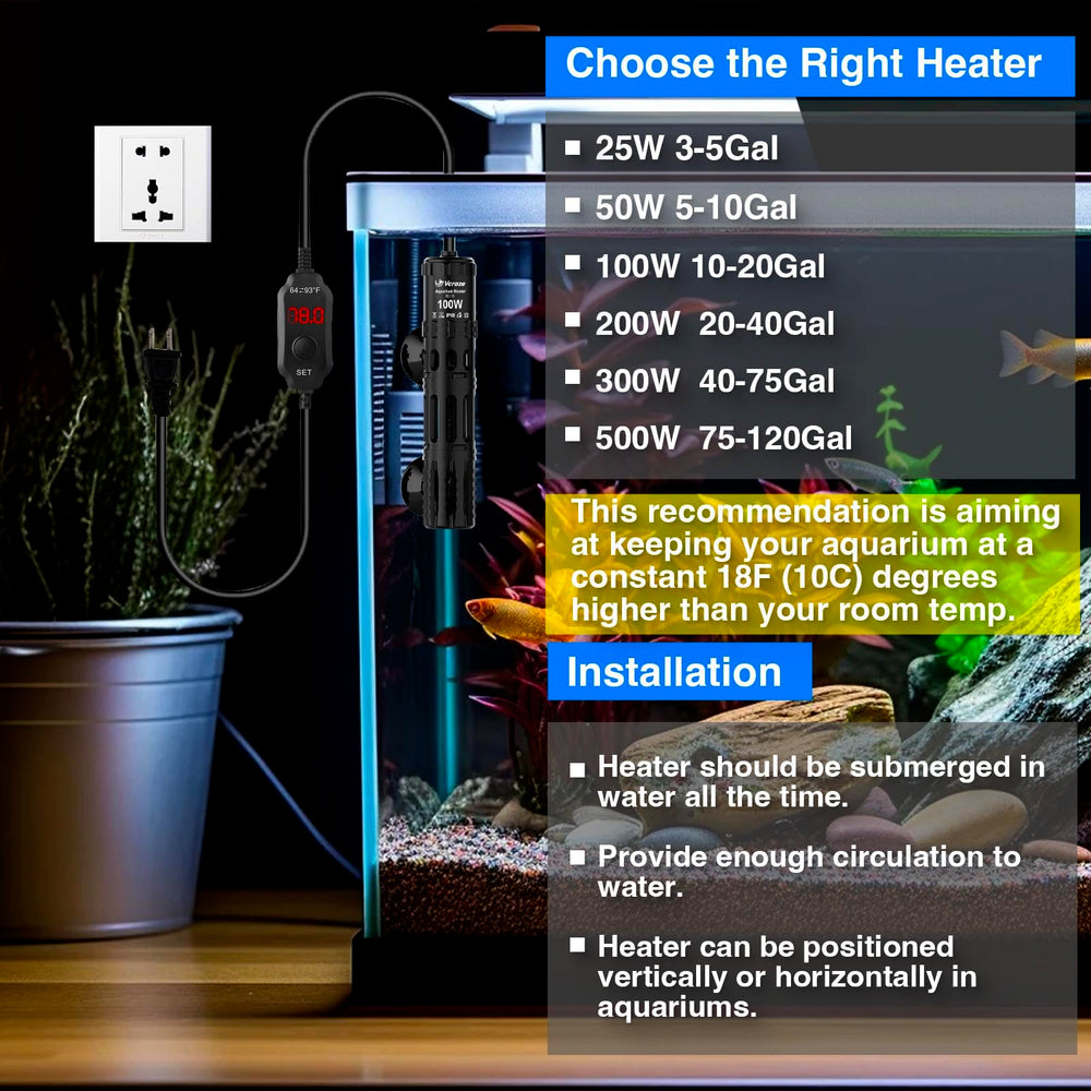 VCRAZE versatile heater suitable for freshwater, saltwater, turtles, fountains, and plant care
