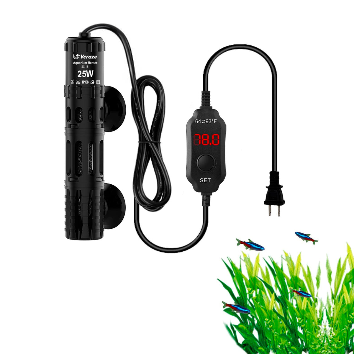VCRAZE fish tank heater with LED display for precise temperature monitoring.