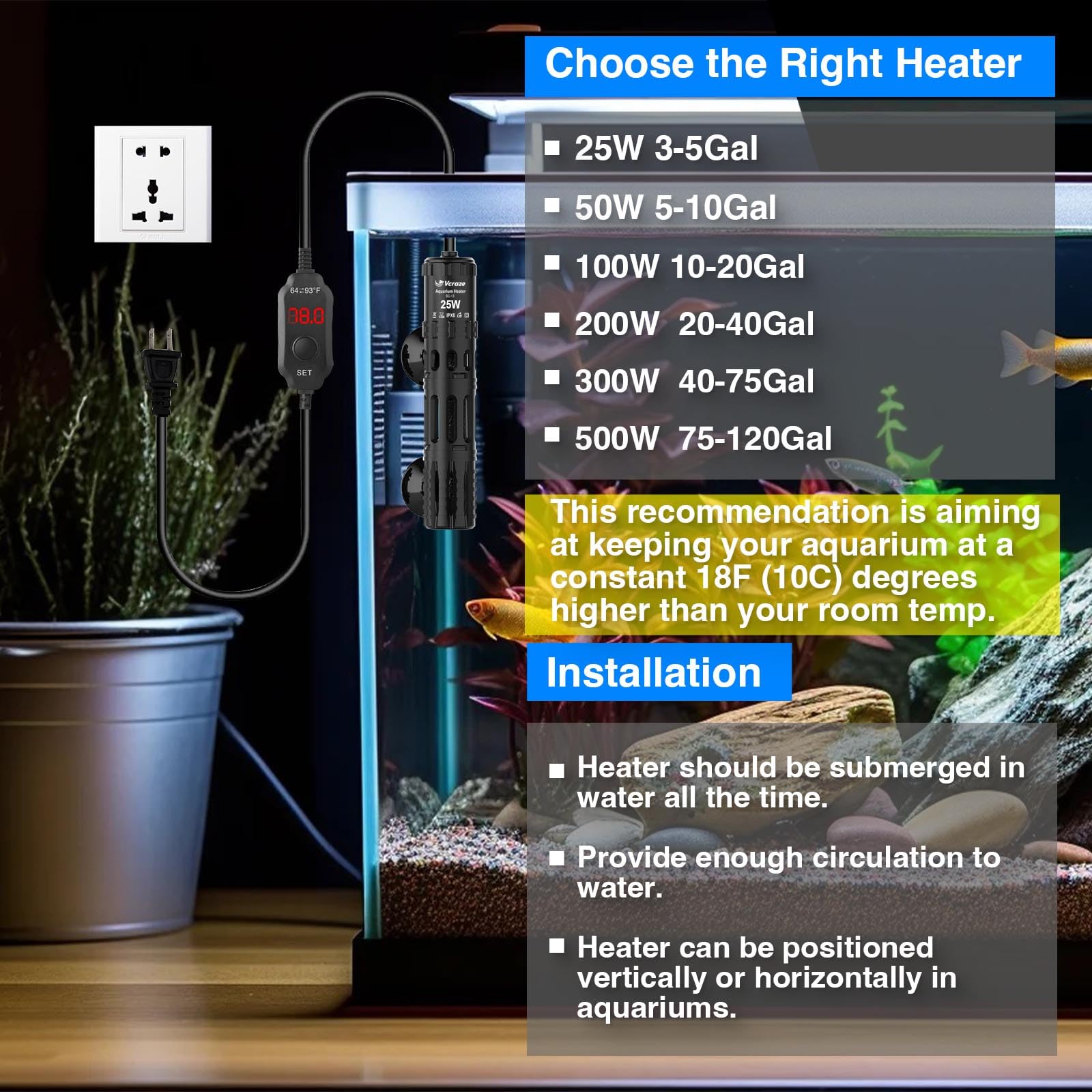 VCRAZE versatile heater suitable for turtles, fountains, or seedling warmth.