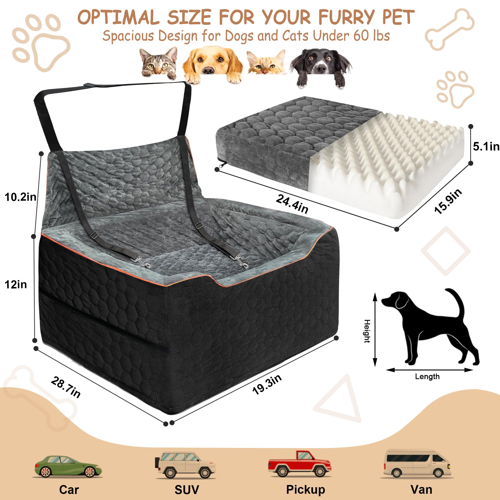 Vdamu booster seat for two small dogs enables secure, comfortable travel.