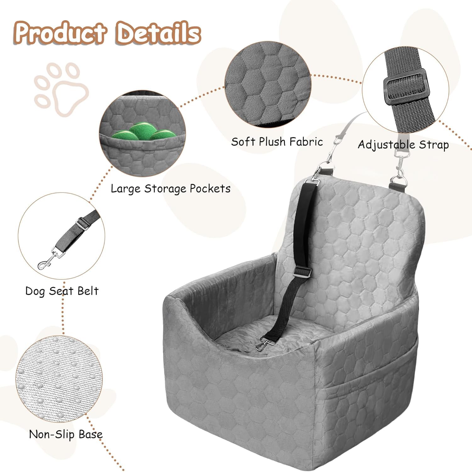 Vdamu dog car seat gray non-slip base keeps pet secure during travel