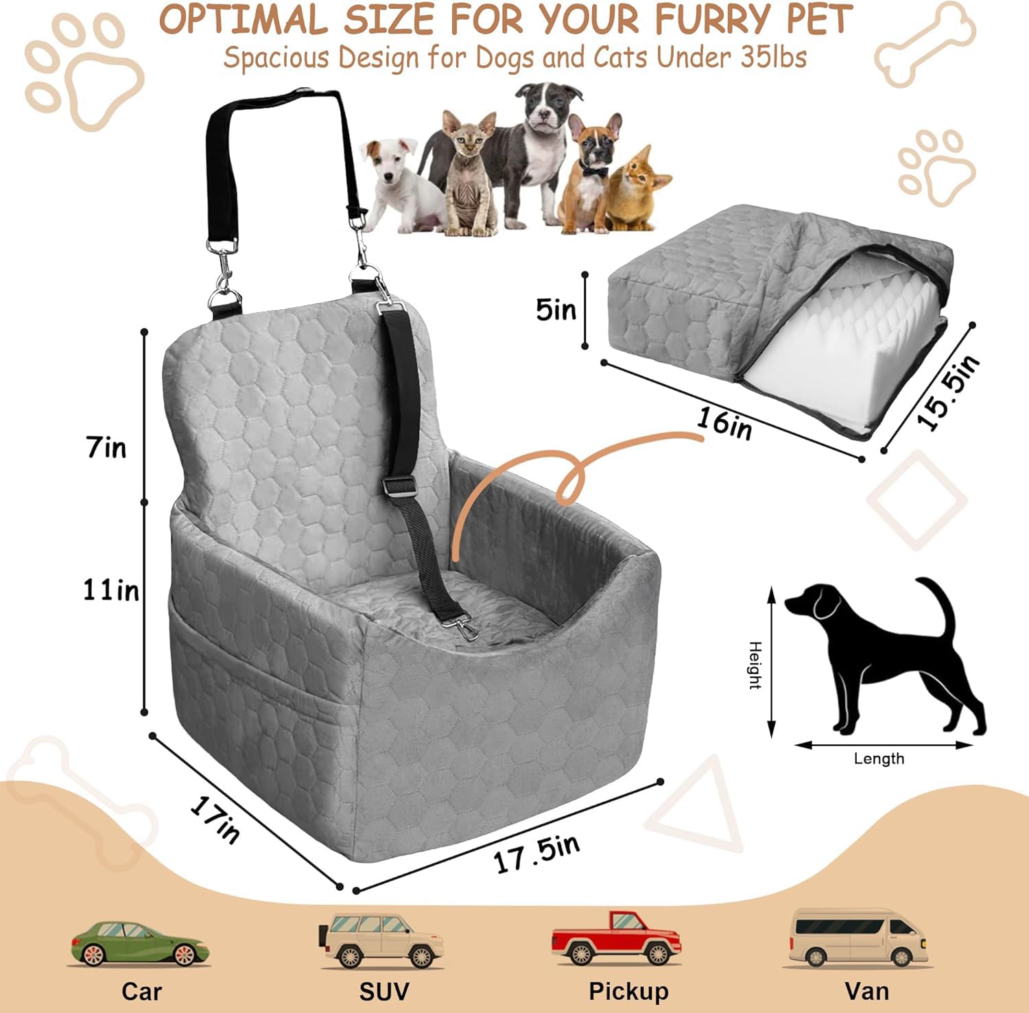 Vdamu dog car seat gray side pockets for storing snacks and toys