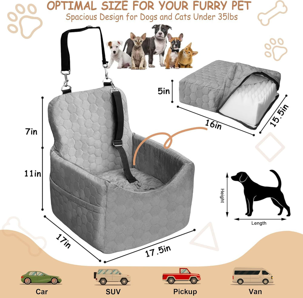 Vdamu dog car seat gray side pockets for storing snacks and toys