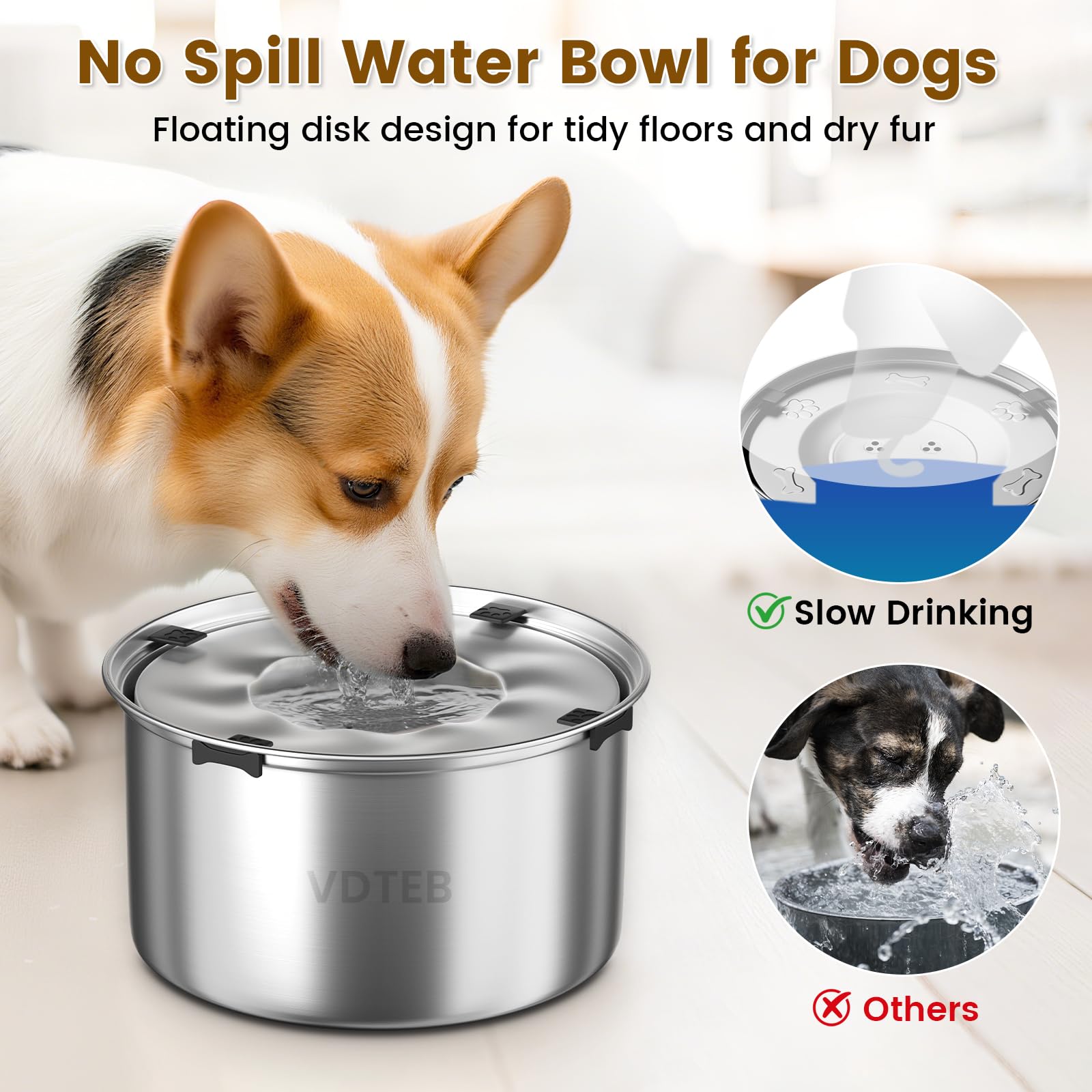 VDTEB dog water bowl top view shows 1.5 gal capacity for steady hydration.